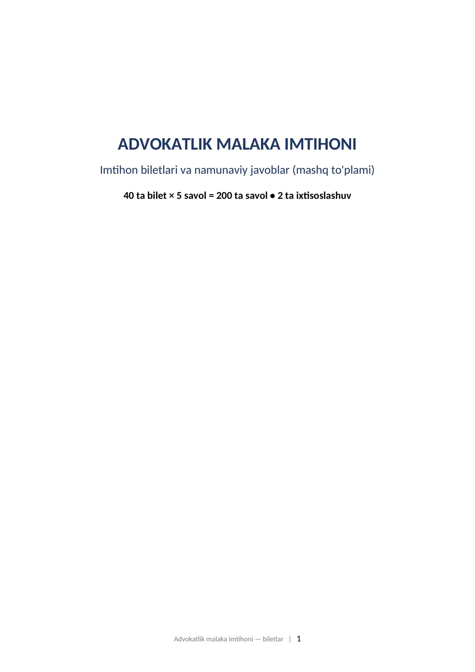 ADVOKATLIK MALAKA IMTIHONI Imtihon biletlari va namunaviy javoblar (mashq to'plami) 1