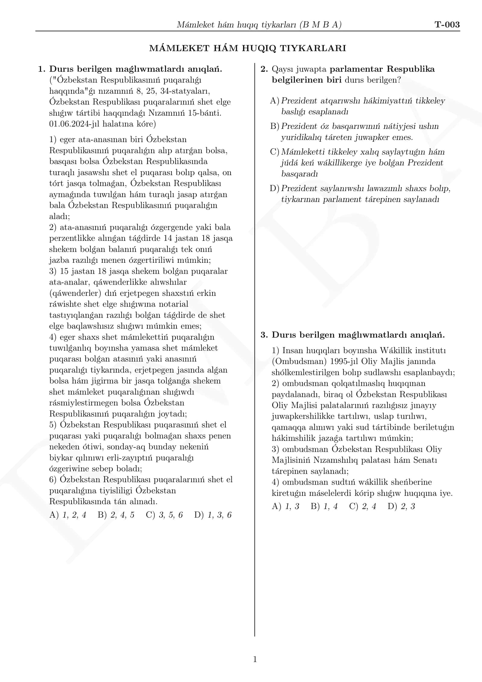 M´amleket h´am huqıq tiykarları (B M B A) 1