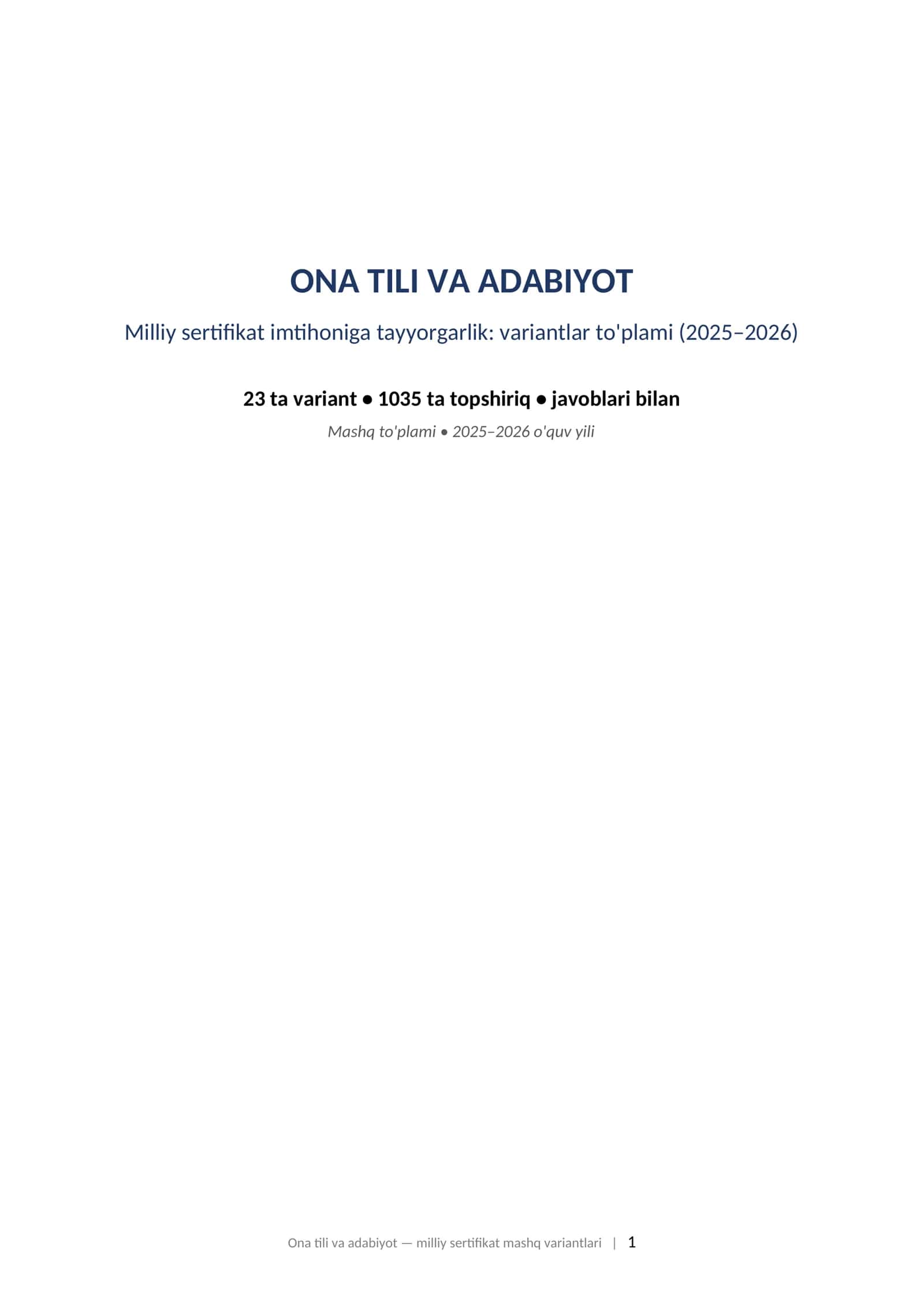 ONA TILI VA ADABIYOT Milliy sertifikat imtihoniga tayyorgarlik: variantlar to'plami (2025–2026) 1