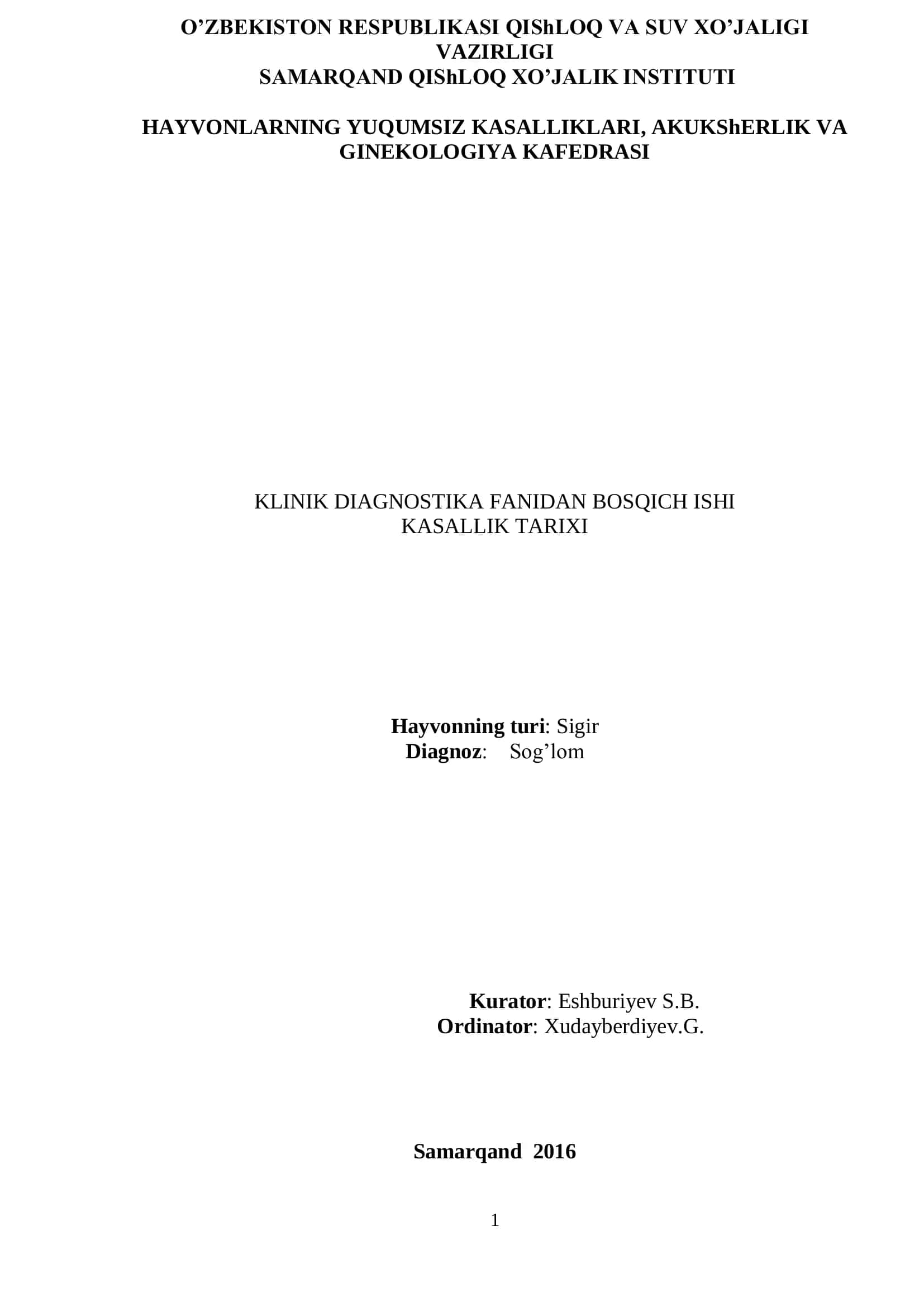 KLINIK DIAGNOSTIKA FANIDAN BOSQICH ISHI 1