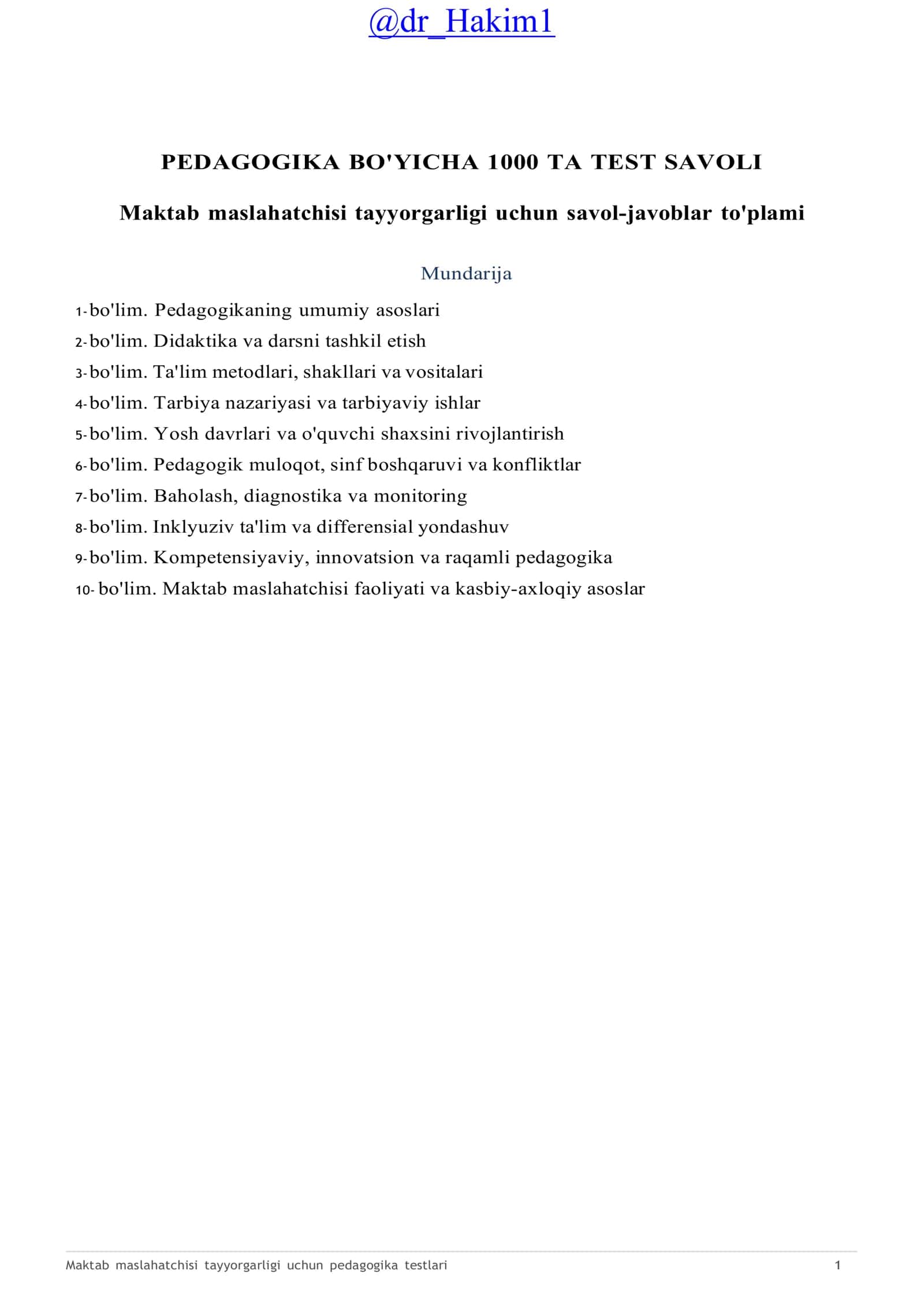 Maktab maslahatchisi tayyorgarligi uchun pedagogika testlari 1