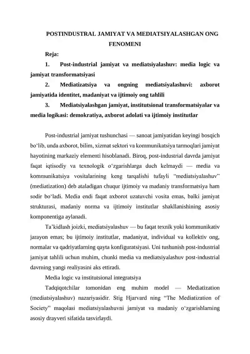 POSTINDUSTRAL JAMIYAT VA MEDIATSIYALASHGAN ONG FENOMENI