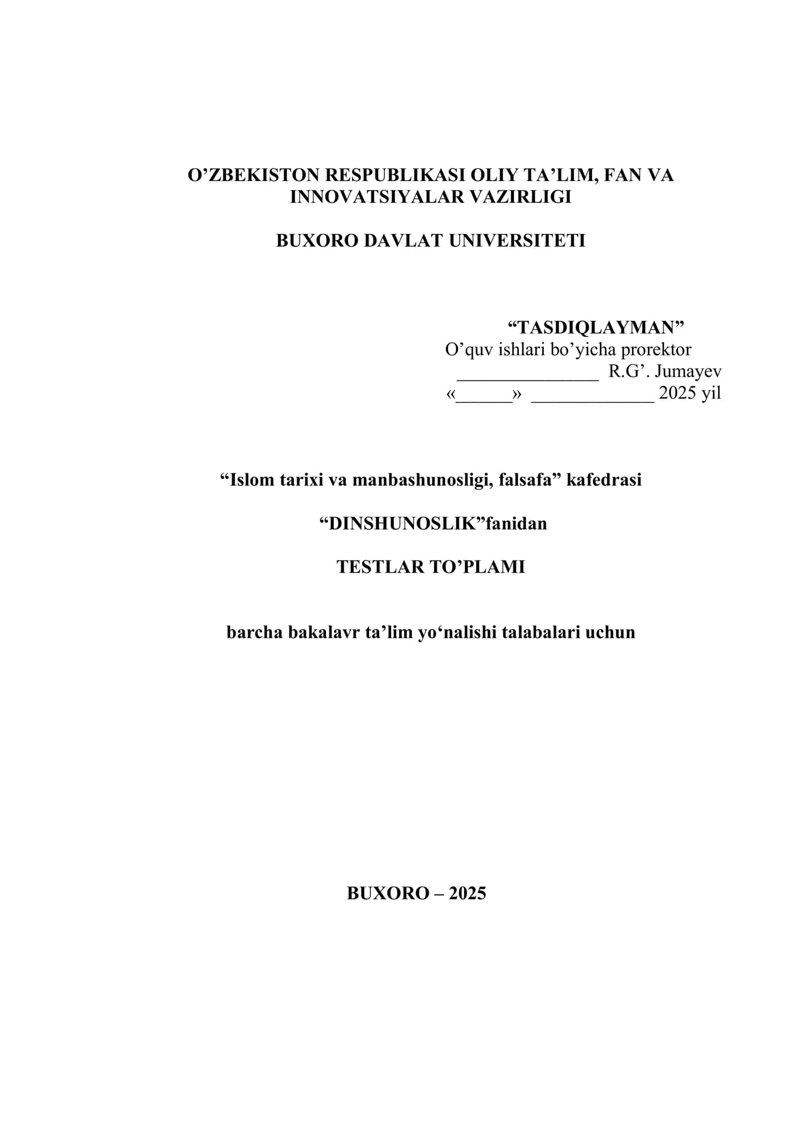 DINSHUNOSLIK fanidan TESTLAR TO’PLAMI 1