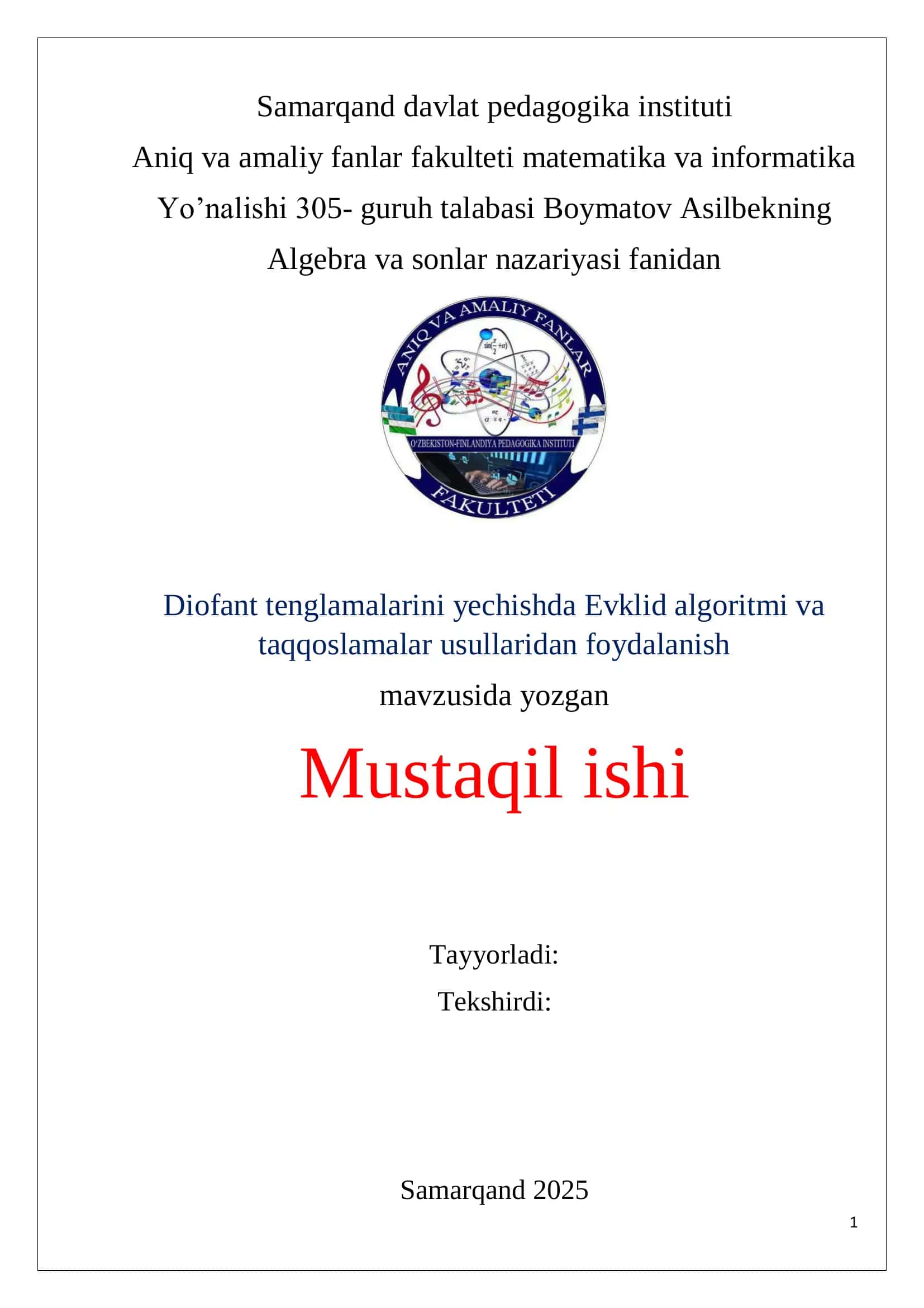 diofant tenglamalarimi yechishda Evklid algoritmidan foydalanish 1