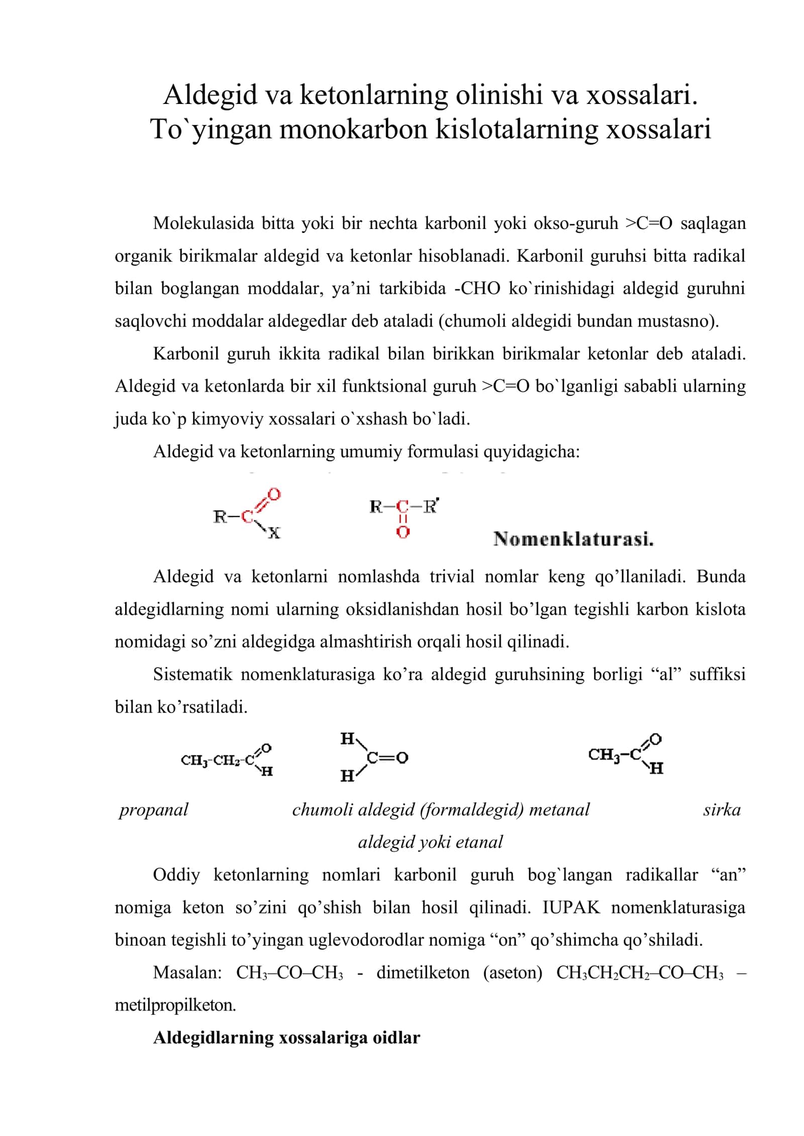 Aldegid va ketonlarning olinishi va xossalari 1