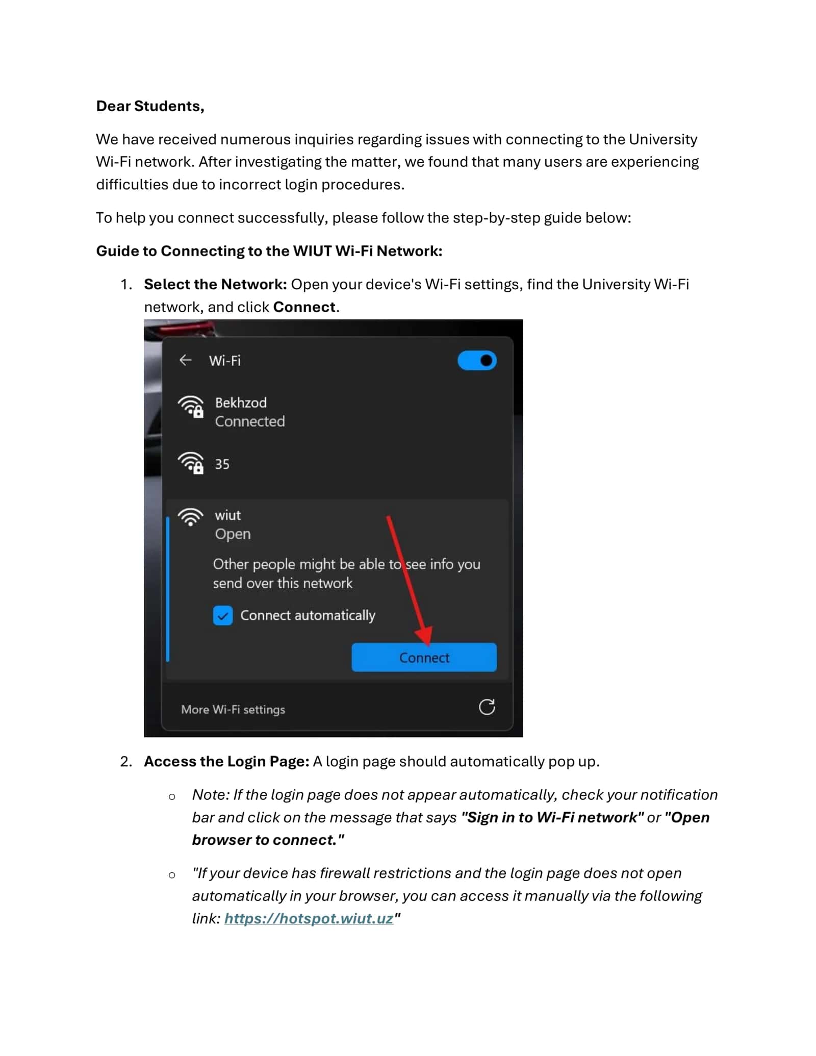 Guide to Connecting to the WIUT Wi-Fi Network 1