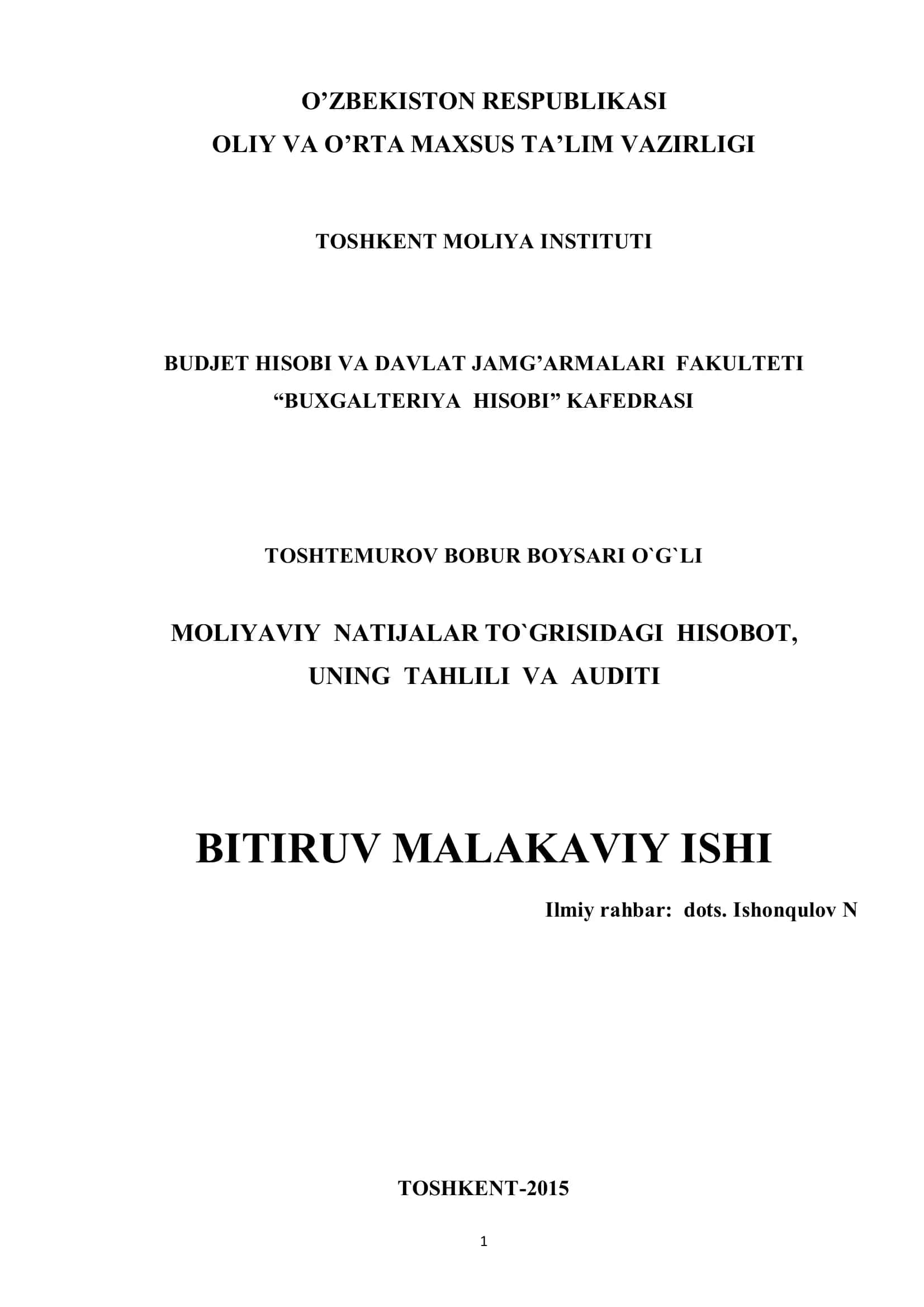 Moliyaviy natijalar to`g`risidagi hisobot va uning tahlilini takomillashtirish 1