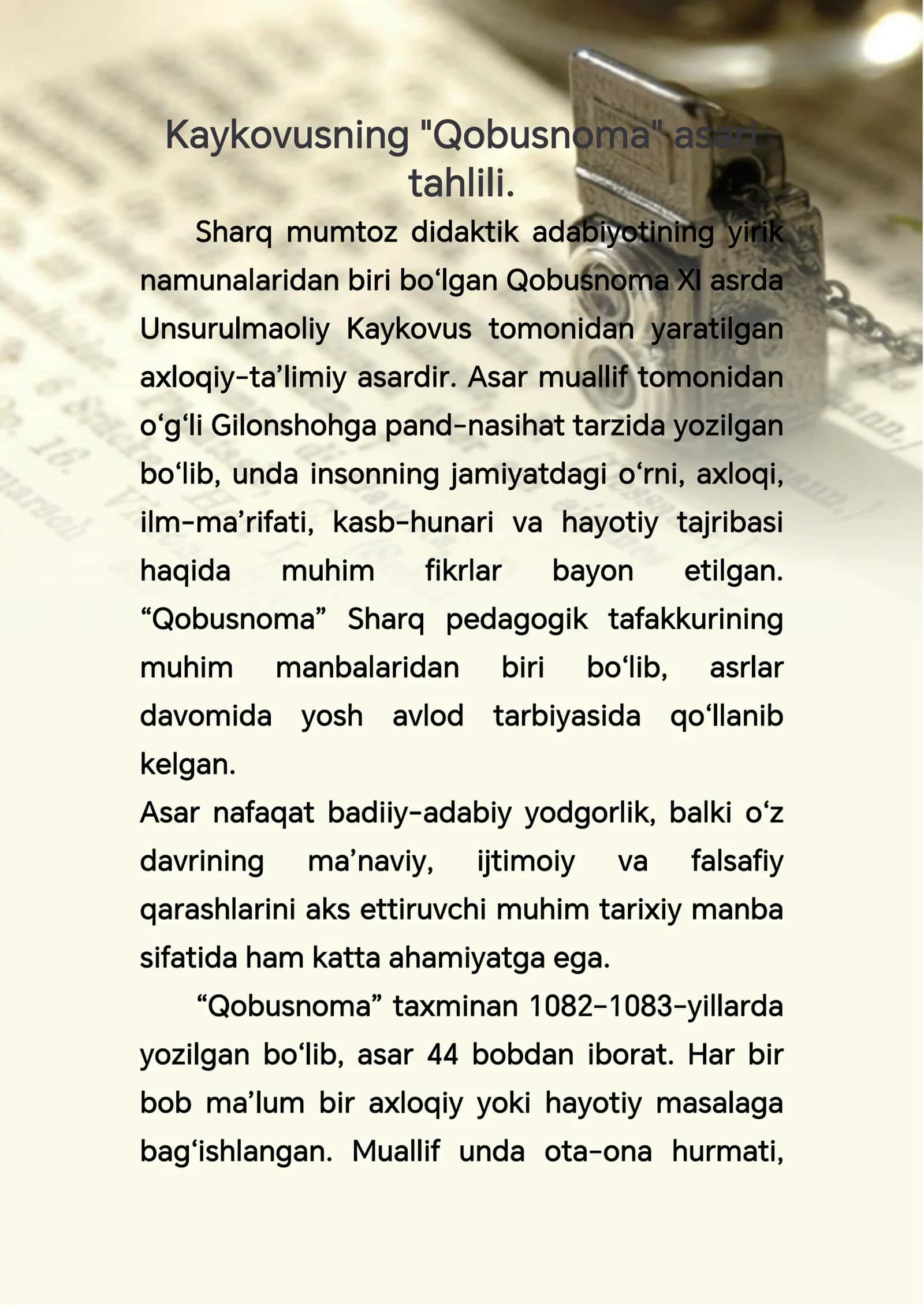 Kaykovusning "Qobusnoma" asari tahlili 1