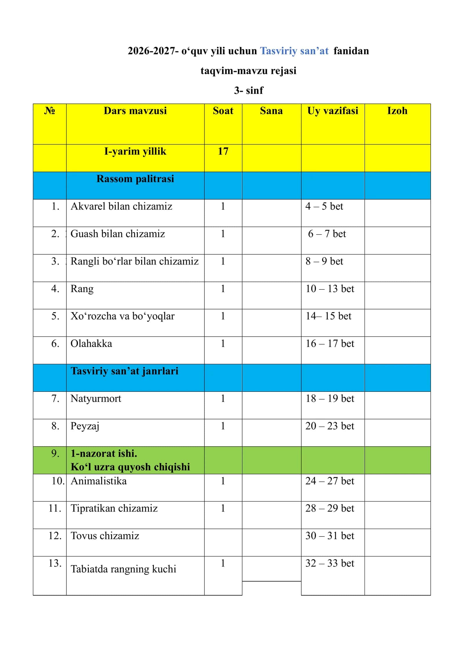 Tasviriy san’at fanidan taqvim-mavzu rejasi 1