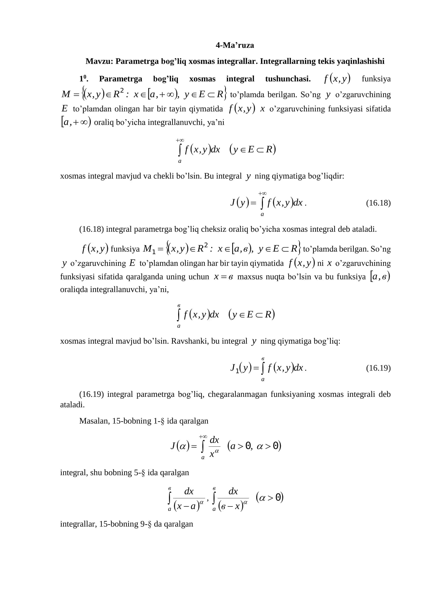 Parametrga bog’liq xosmas integrallar 1