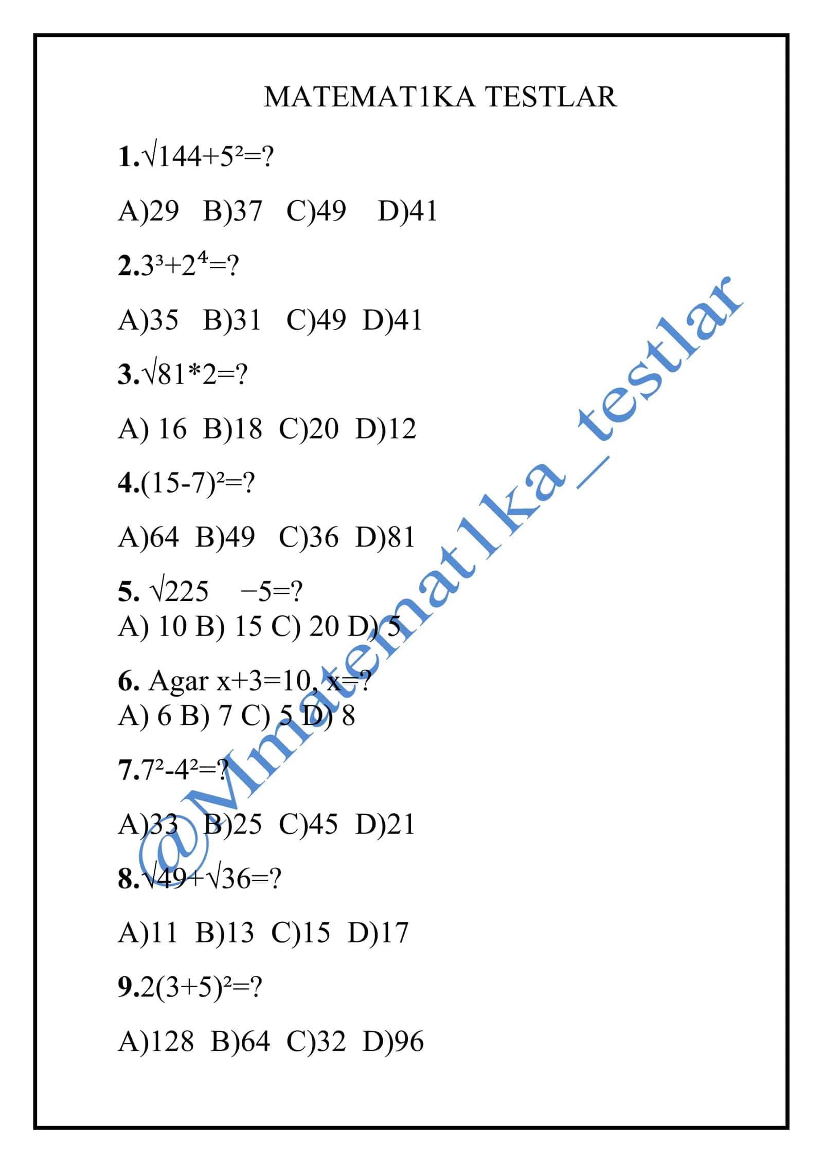 Matematikaga oid  testlar 1