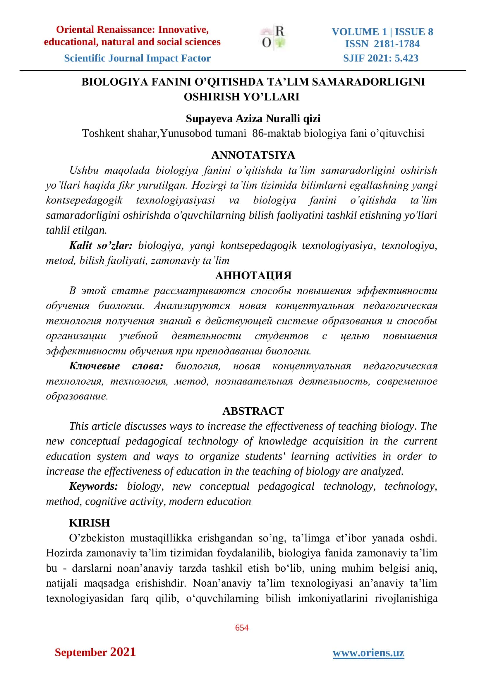 BIOLOGIYA FANINI O’QITISHDA TA’LIM SAMARADORLIGINI OSHIRISH YO’LLARI 1