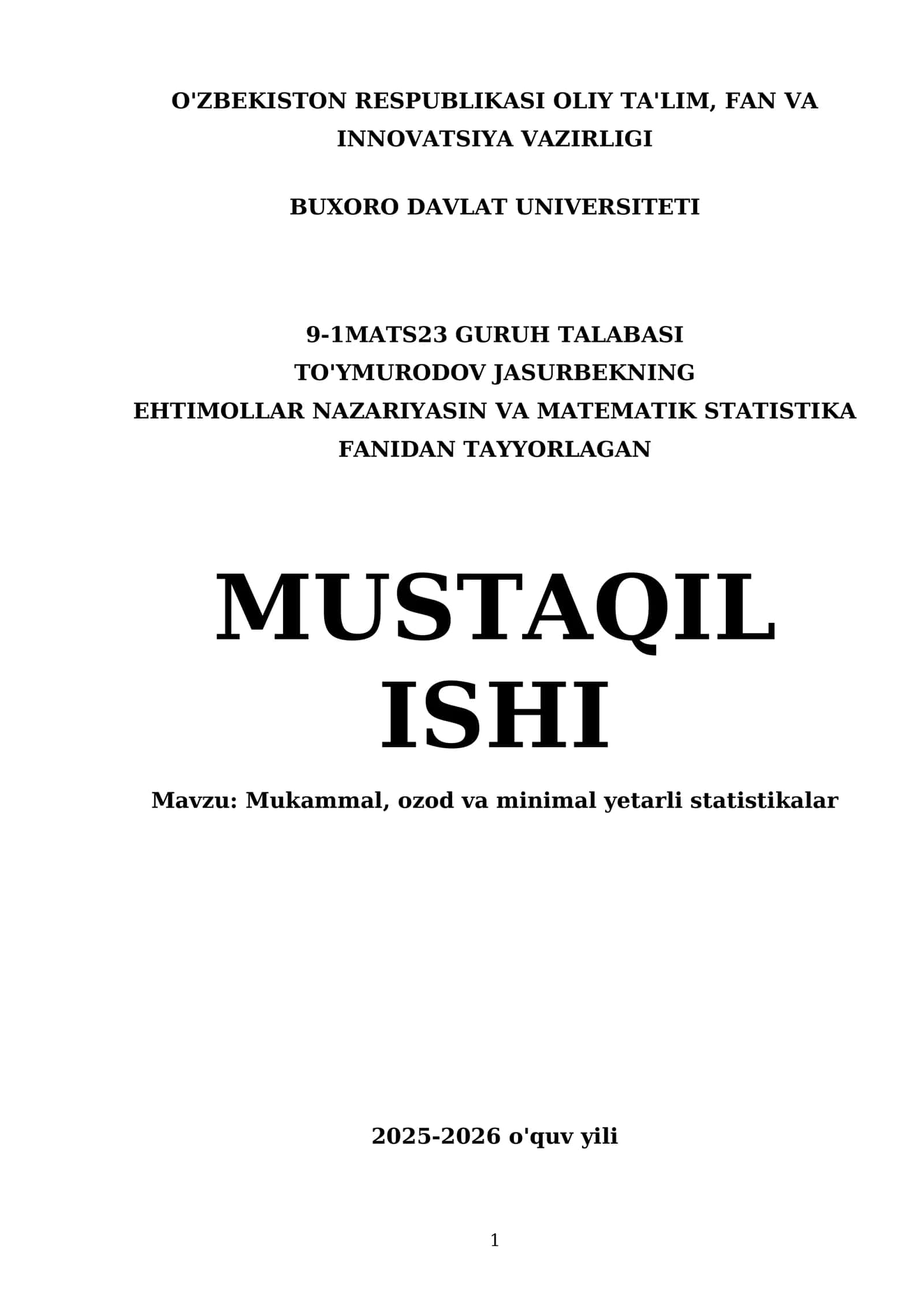 Mukammal, ozod va minimal yetarli statistikalar 1