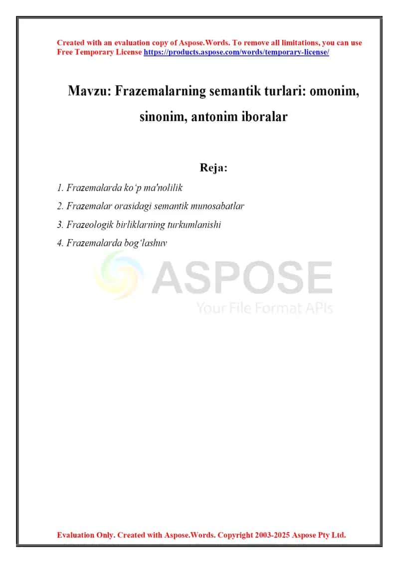 Frazemalarning semantik turlari omonim, sinonim, antonim iboralar 1
