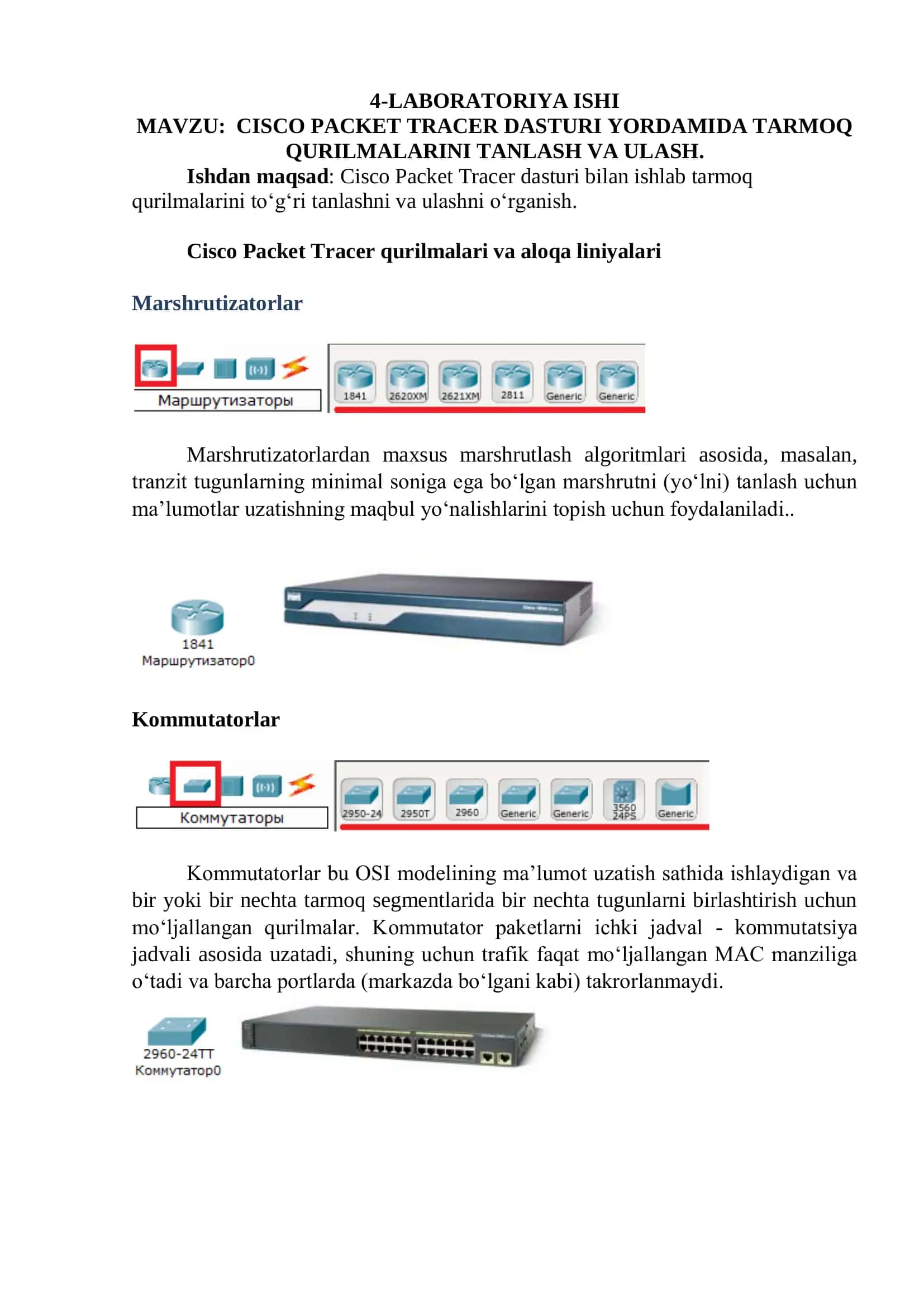 CISCO PACKET TRACER DASTURI YORDAMIDA TARMOQ QURILMALARINI TANLASH VA ULASH 1