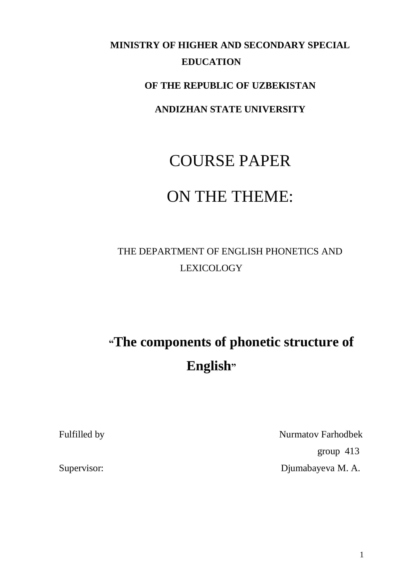 Course Paper on "The Components of Phonetic Structure of English" 1