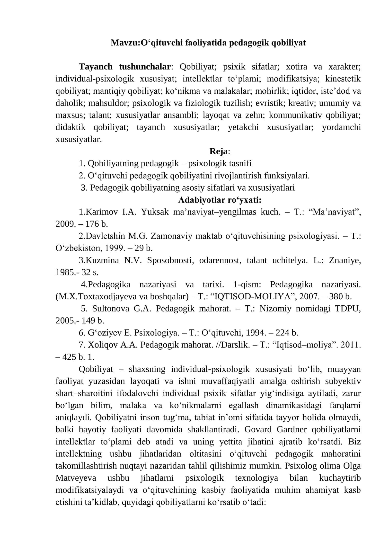 O‘qituvchi faoliyatida pedagogik qobiliyat 1
