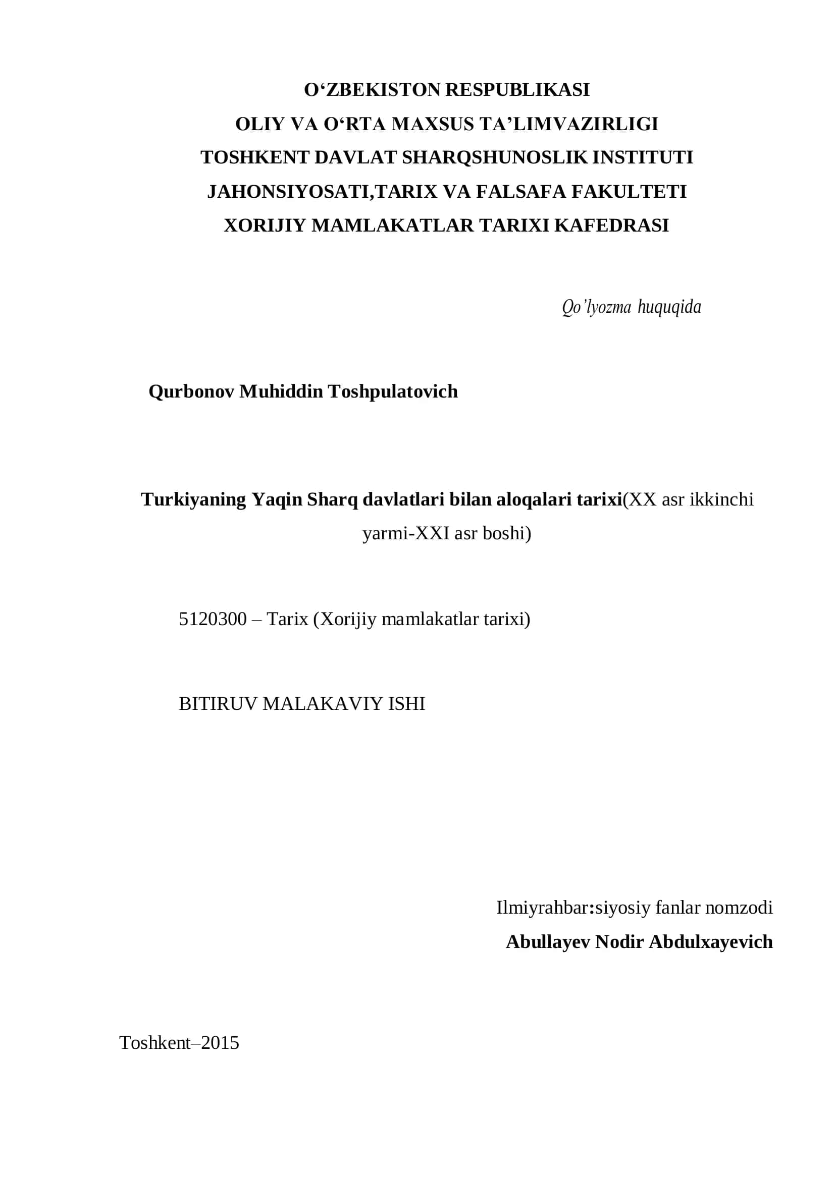 Turkiyaning Yaqin Sharq davlatlari bilan aloqalari tarixi 1