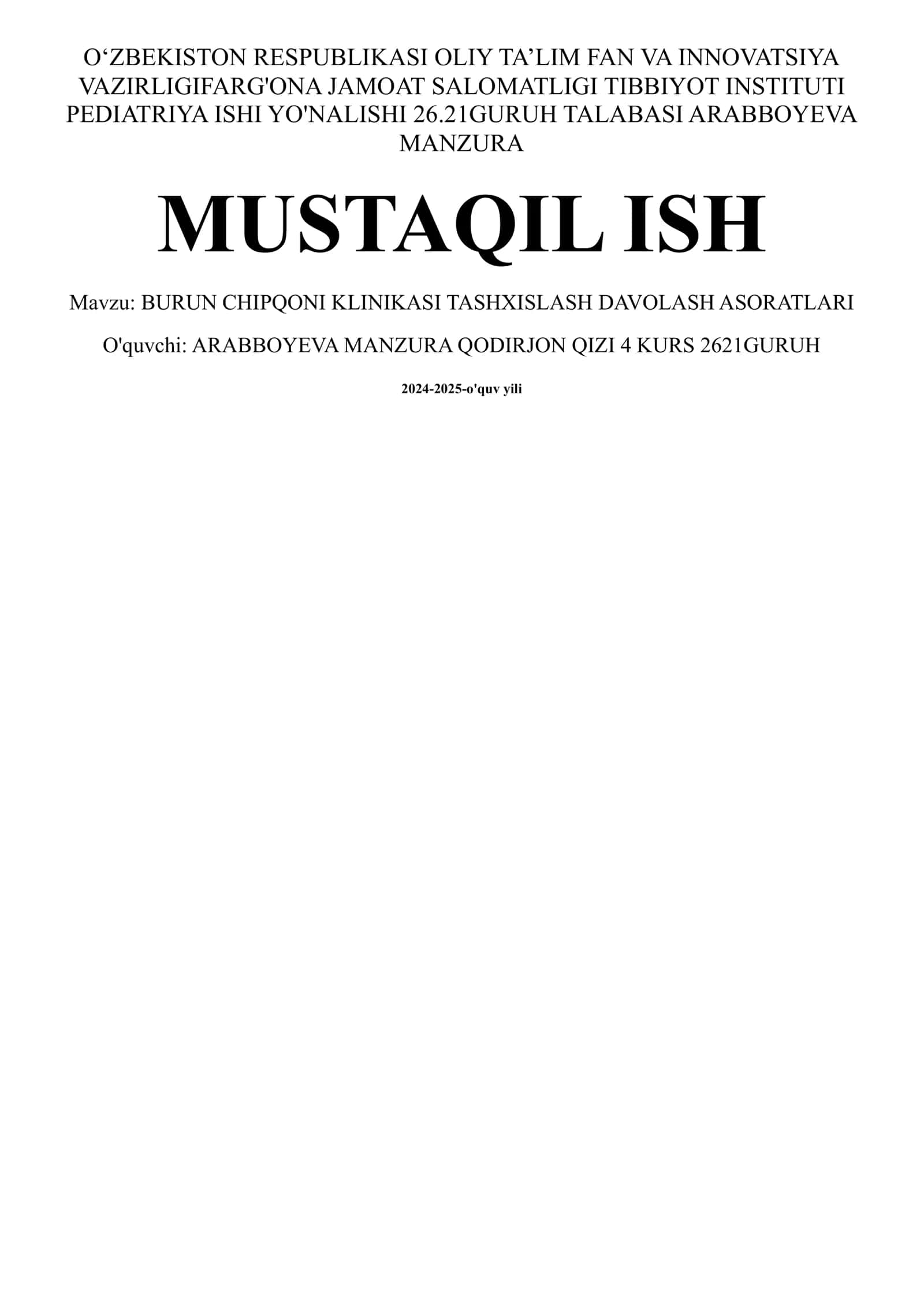 BURUN CHIPQONI KLINIKASI TASHXISLASH DAVOLASH ASORATLARI 1