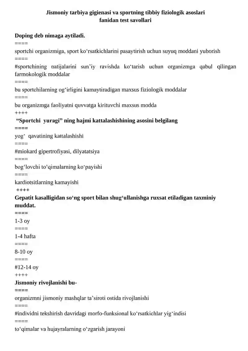 Jismoniy tarbiya gigienasi va sportning tibbiy fiziologik asoslari test