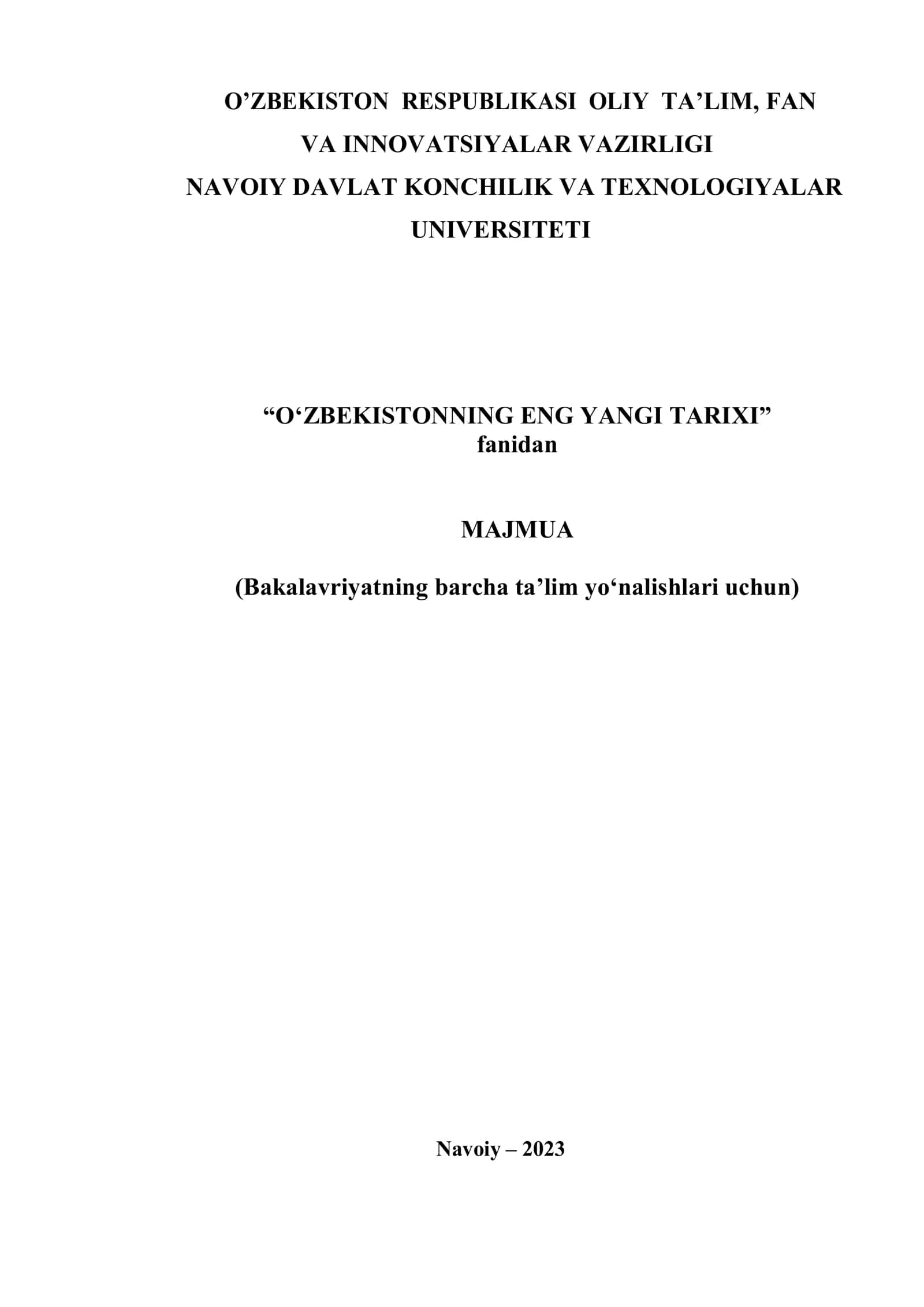 O‘ZBEKISTONNING ENG YANGI TARIXI FANIDAN MA’RUZA MATNI 1