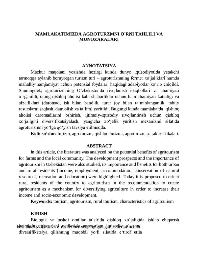 AGROTURZMNI O'RNI TAHLILI VA MUNOZARALARI