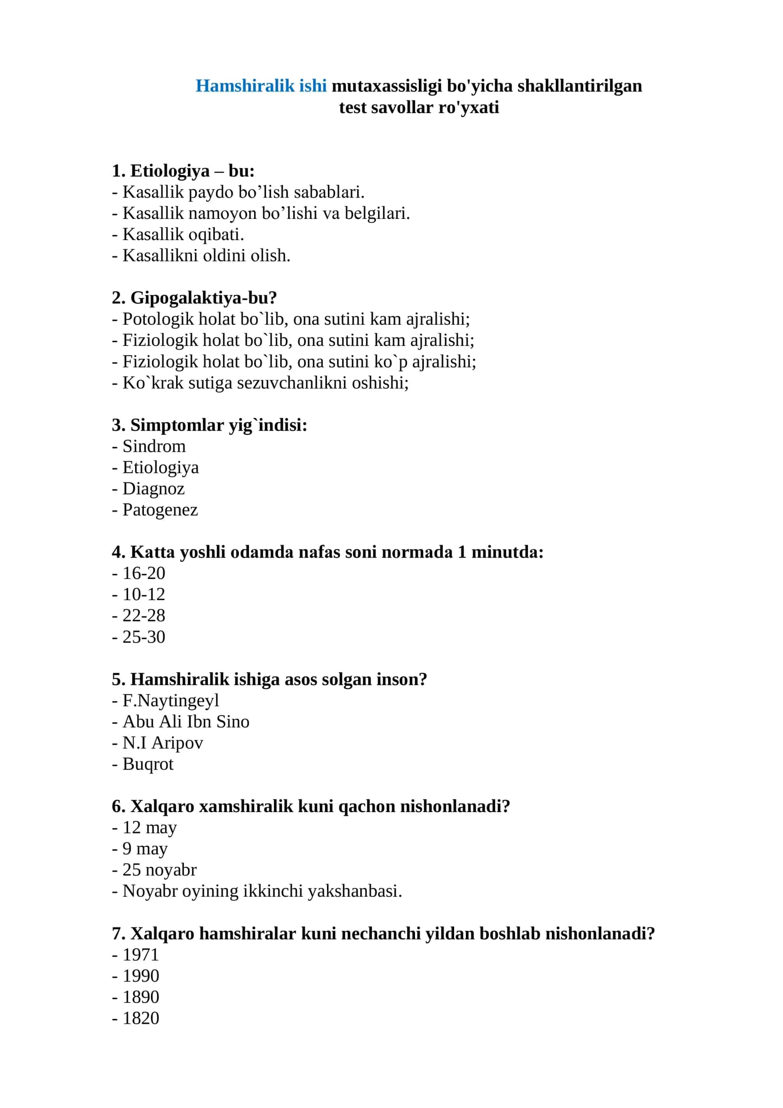 Xalqaro Hamshiralik Ishi Test Savollari Ro'yxati 1