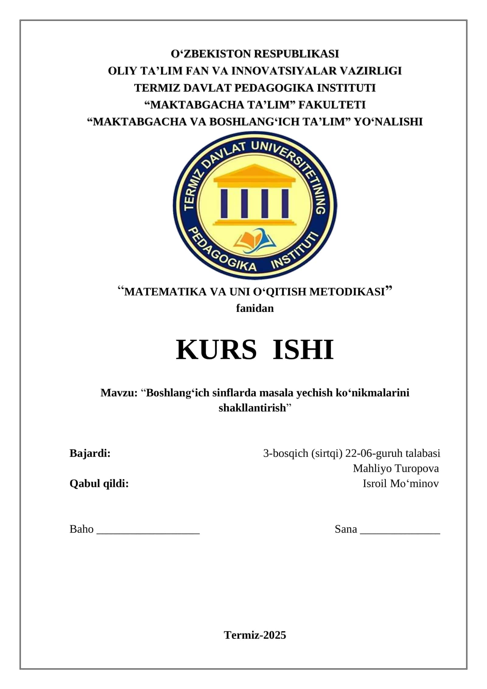 "MATEMATIKA VA UNI O‘QITISH METODIKASI" 1