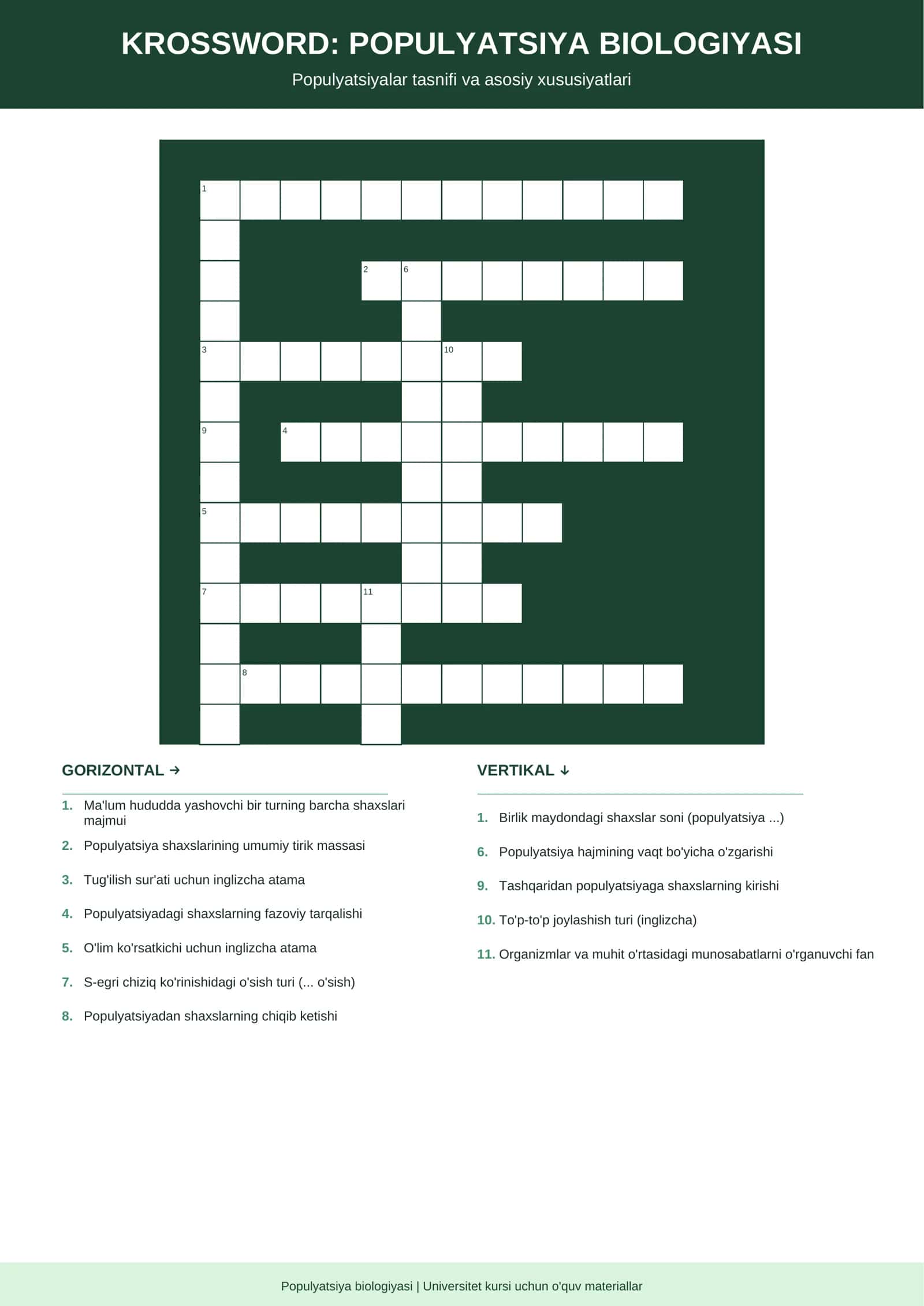KROSSWORD: POPULYATSIYA BIOLOGIYASI 1