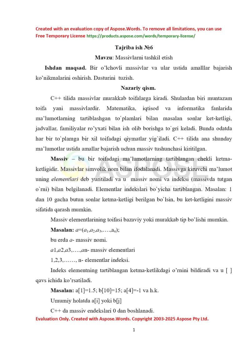 Massivlarni tashkil etish 1
