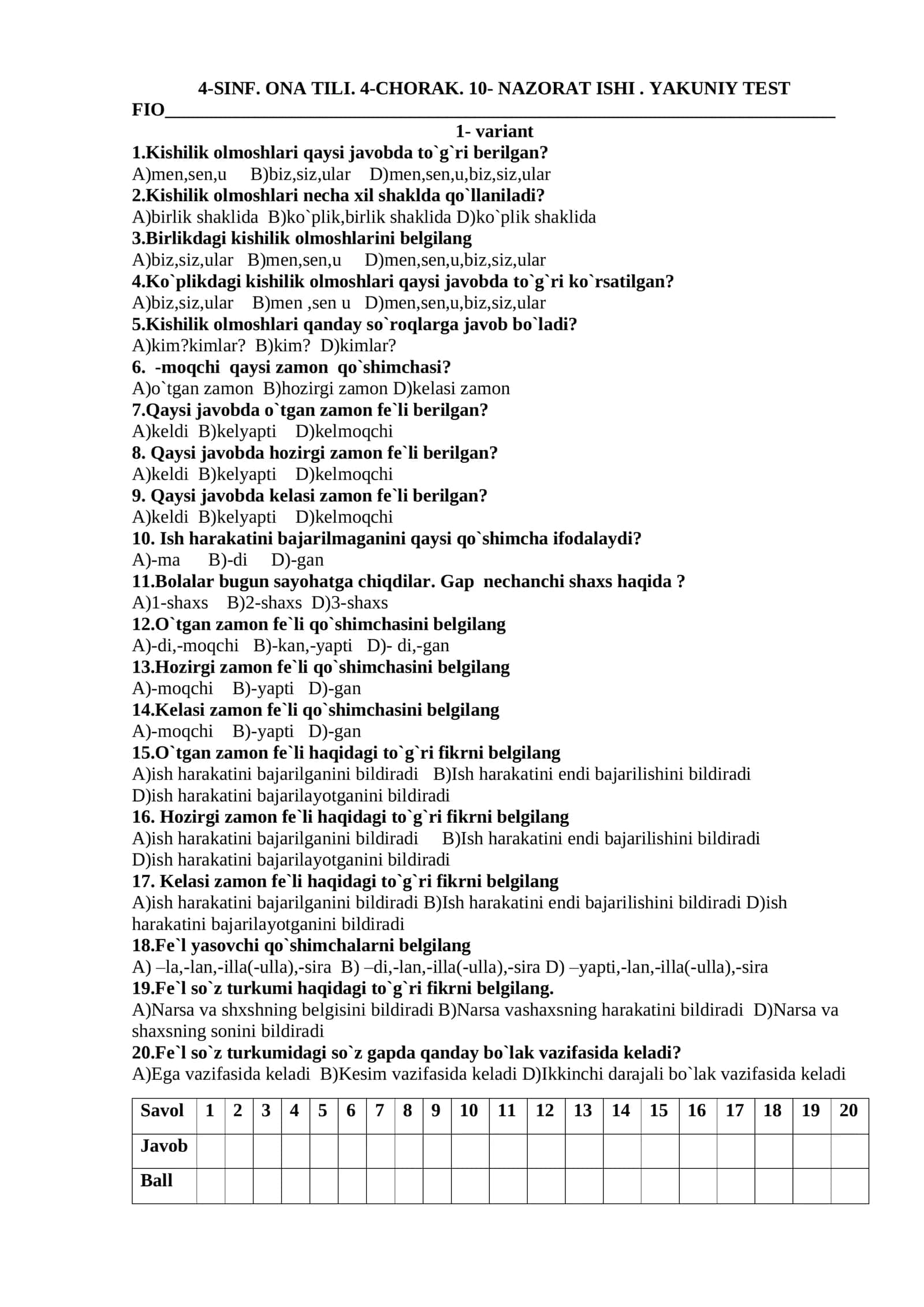 4-SINF. ONA TILI. 4-CHORAK. 10- NAZORAT ISHI. YAKUNIY TEST 1