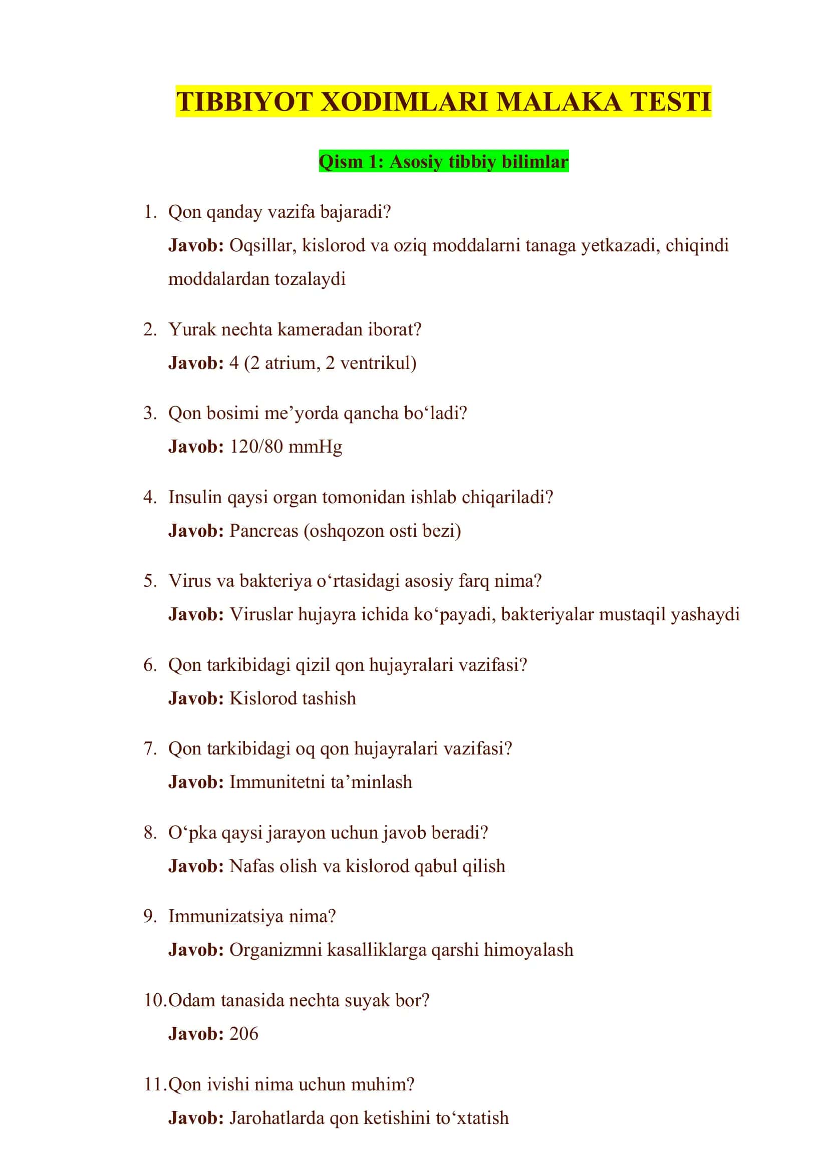 TIBBIYOT XODIMLARI MALAKA TESTI 1