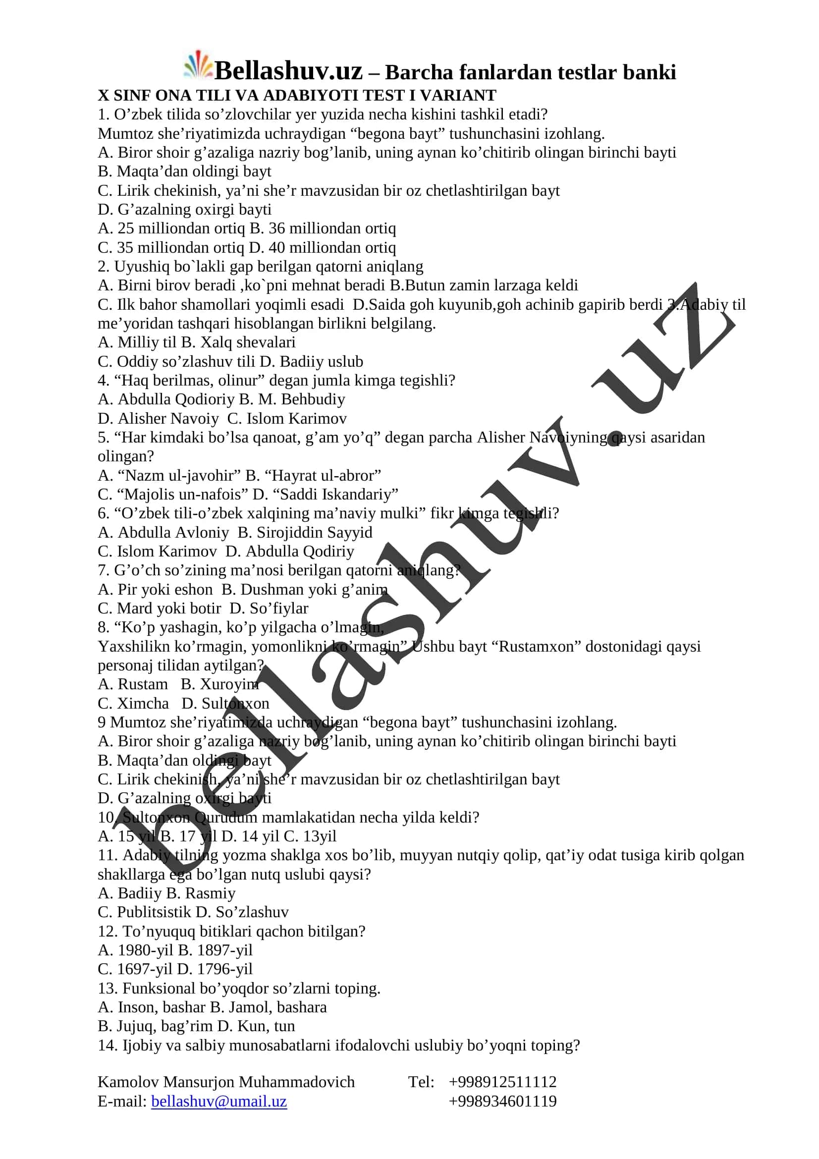 X SINF ONA TILI VA ADABIYOTI TEST I VARIANT 1