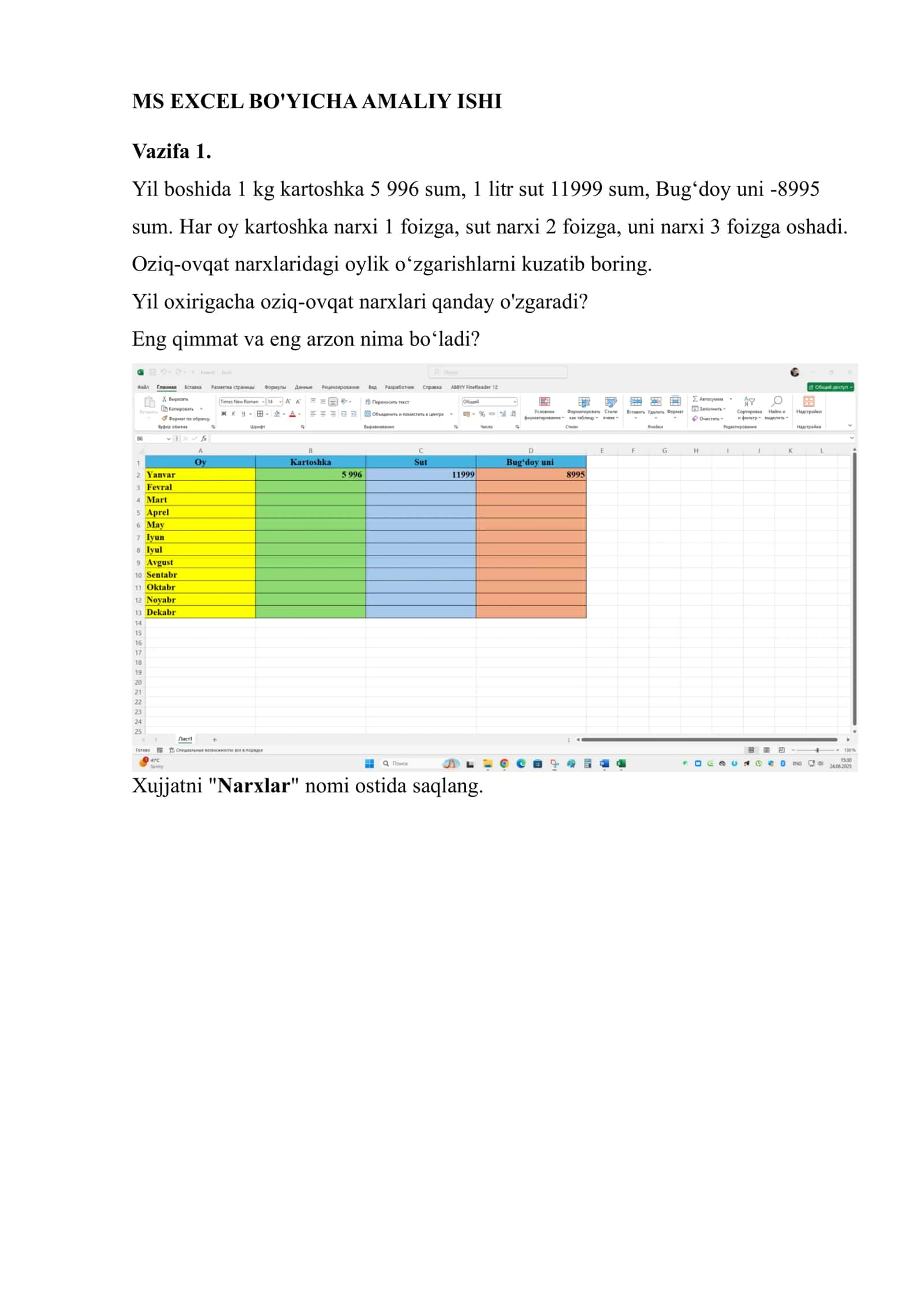 MS EXCEL BO'YICHA AMALIY ISHI 1