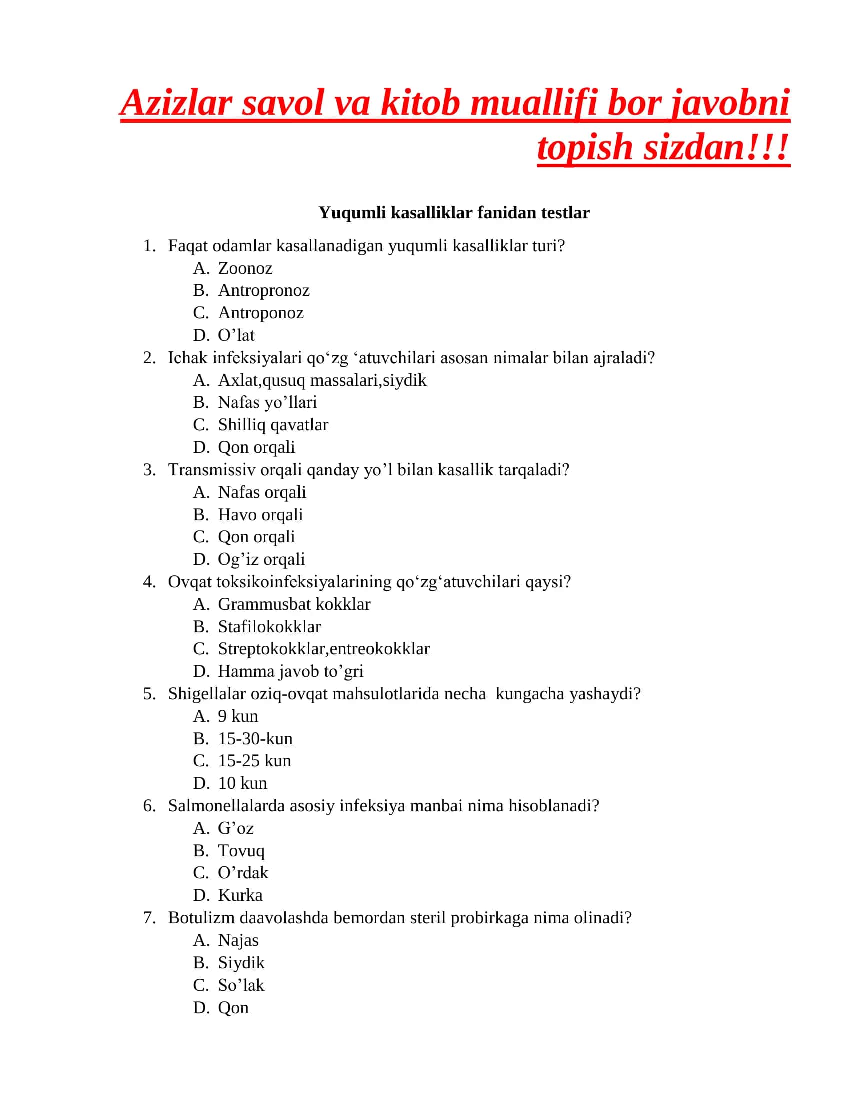 Yuqumli kasalliklar fanidan testlar 1