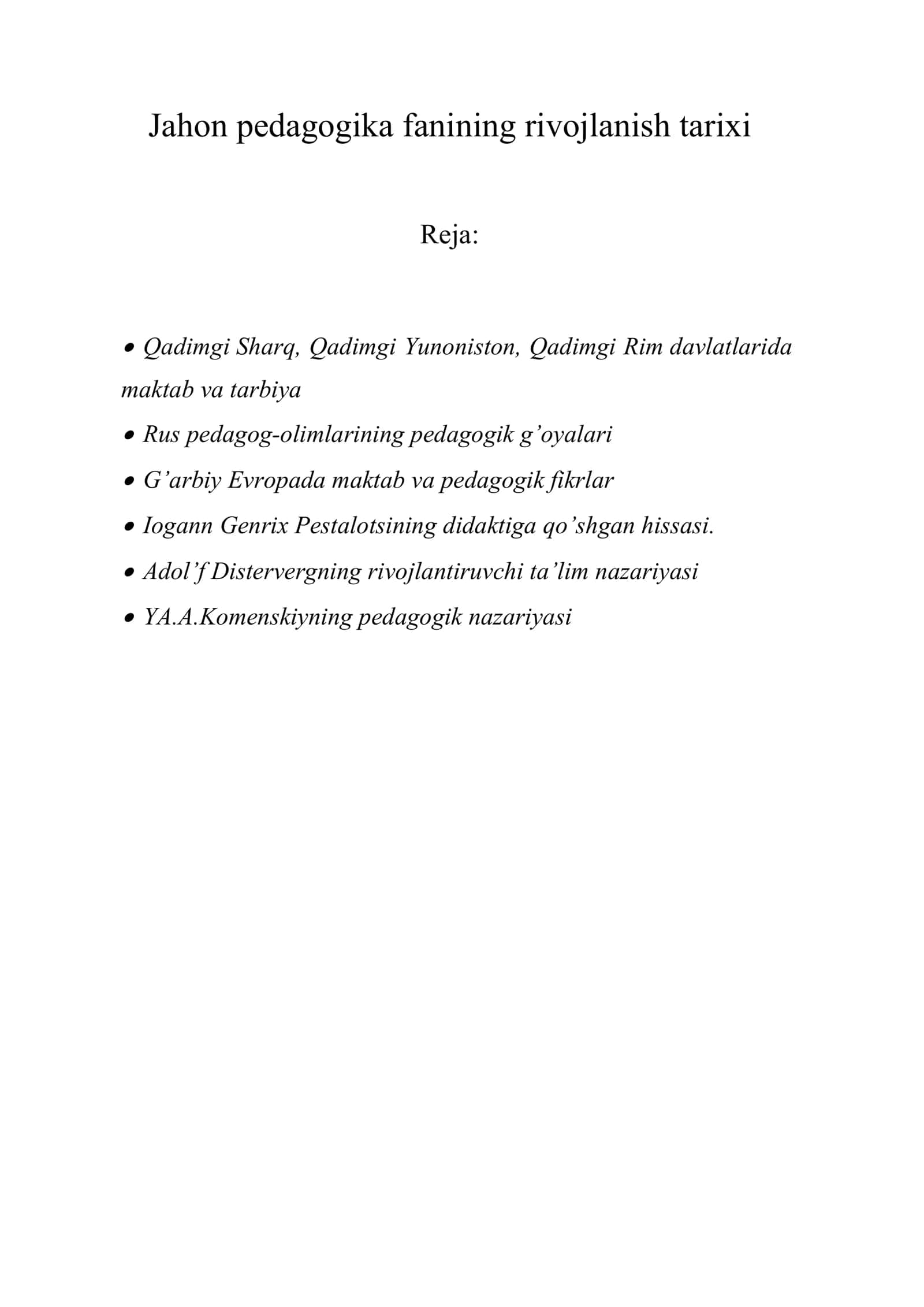 Jahon pedagogika fanining rivojlanish tarixi 1