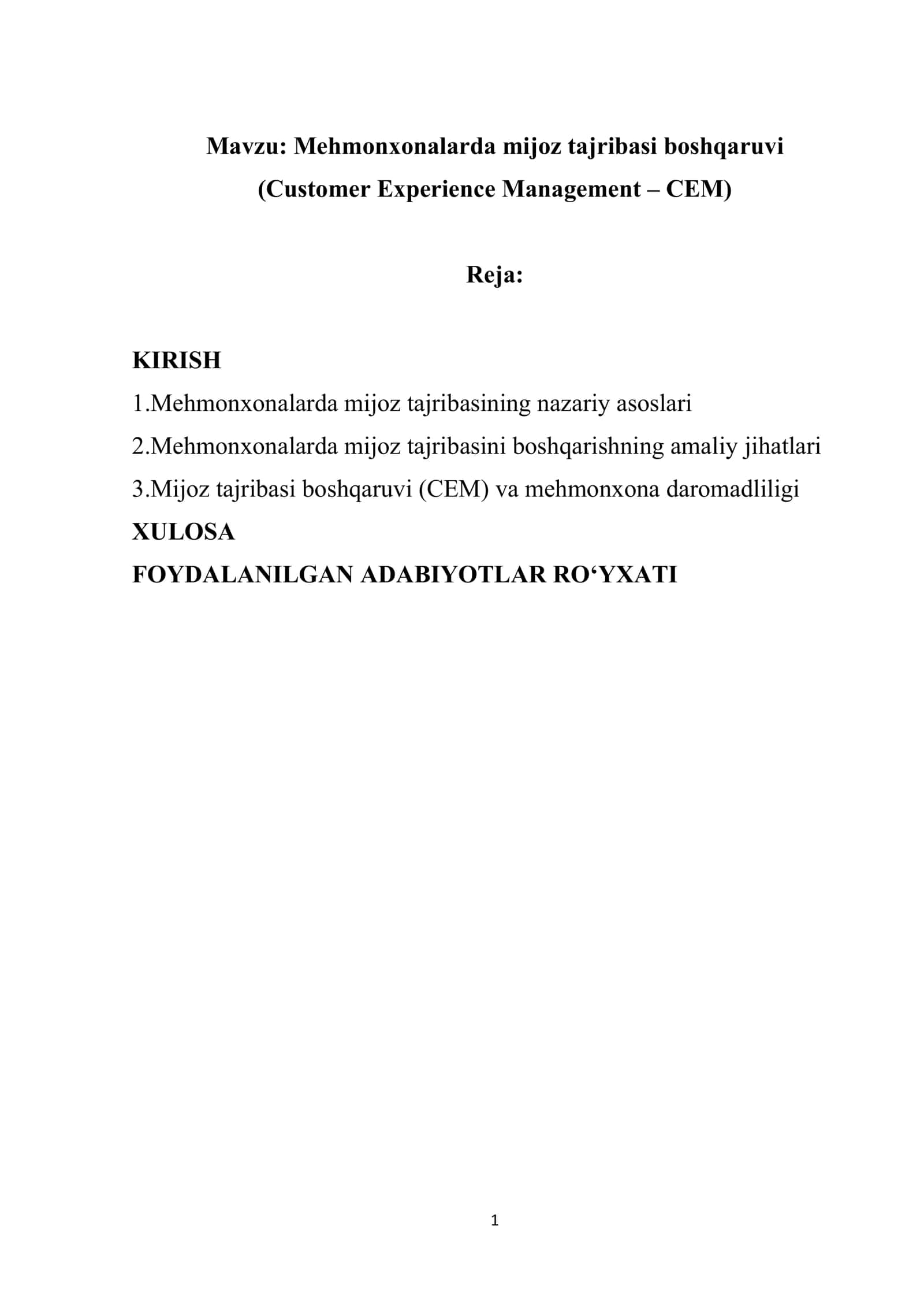 Mehmonxonalarda mijoz tajribasi boshqaruvi (Customer Experience Management – CEM) 1