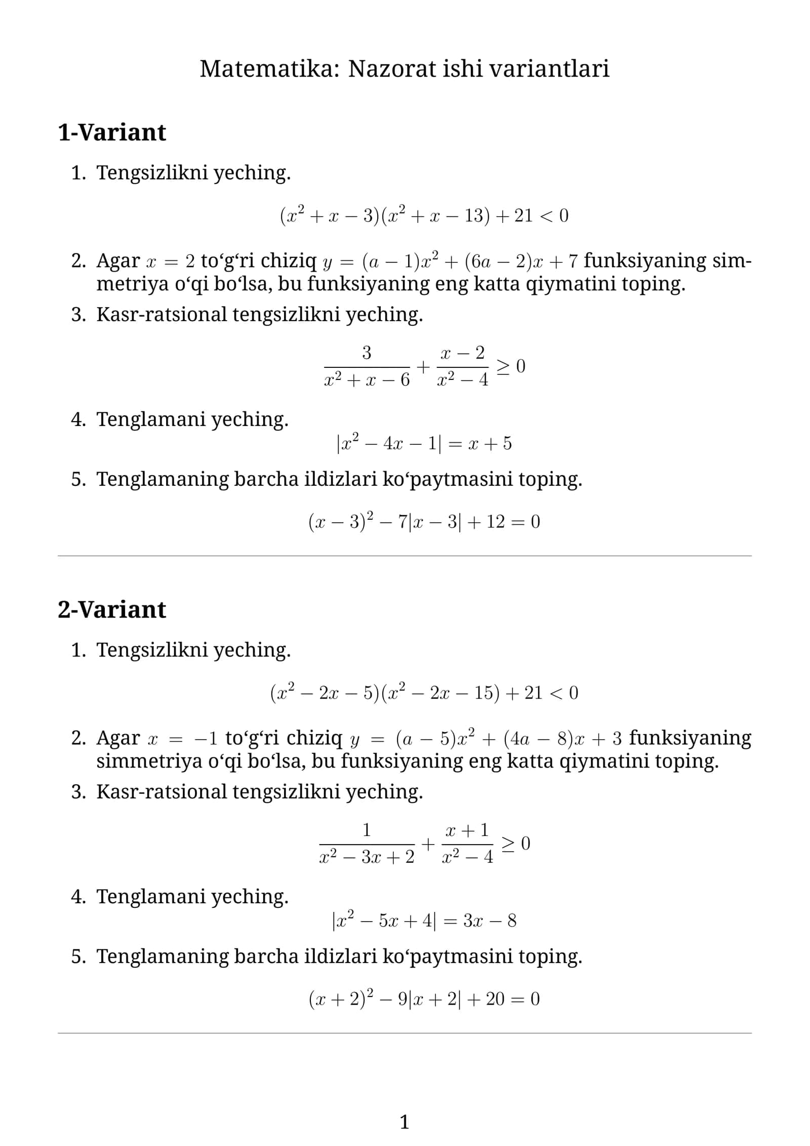 Matematika: Nazorat ishi variantlari 1