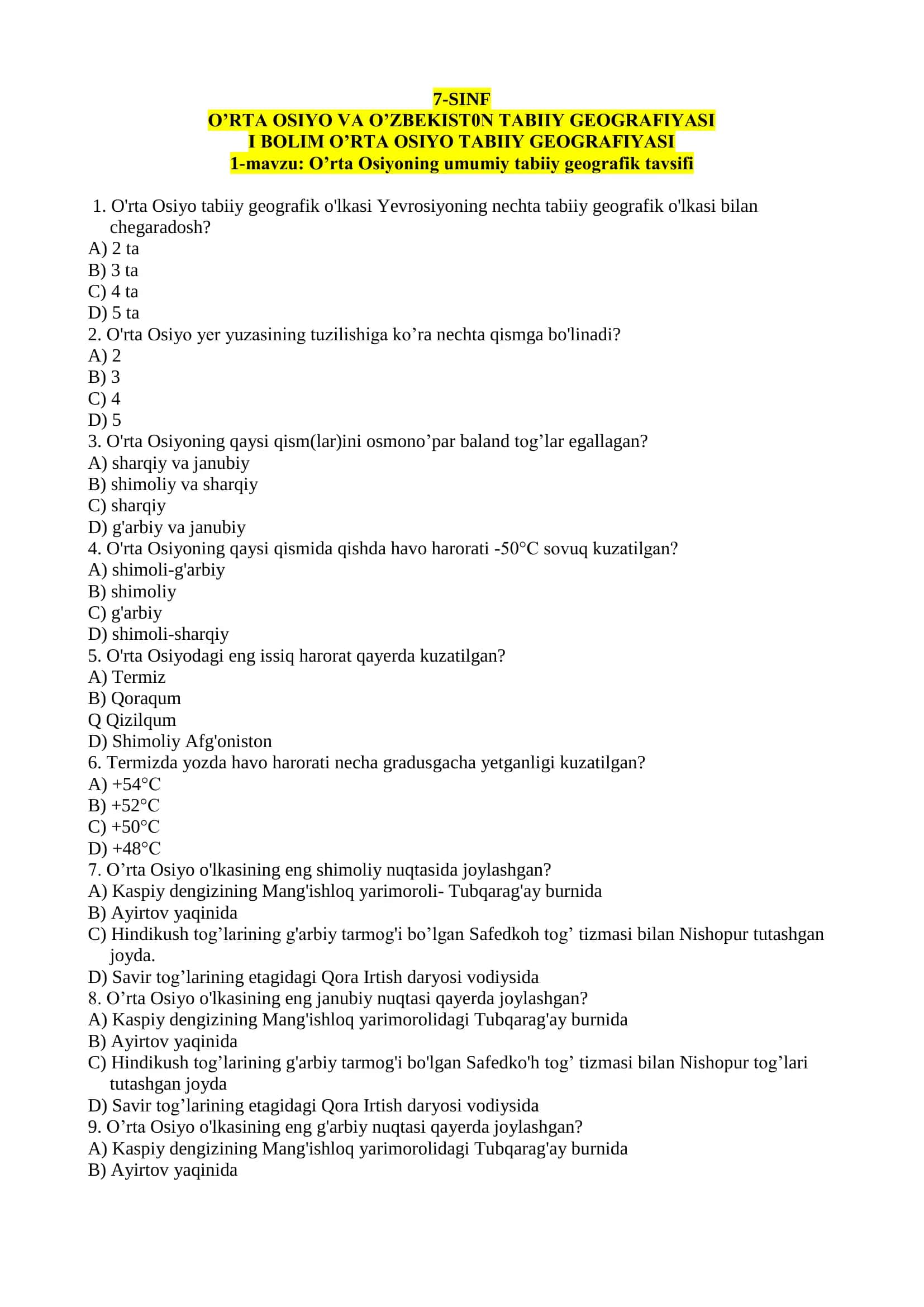 O’RTA OSIYO VA O’ZBEKIST0N TABIIY GEOGRAFIYASI 1