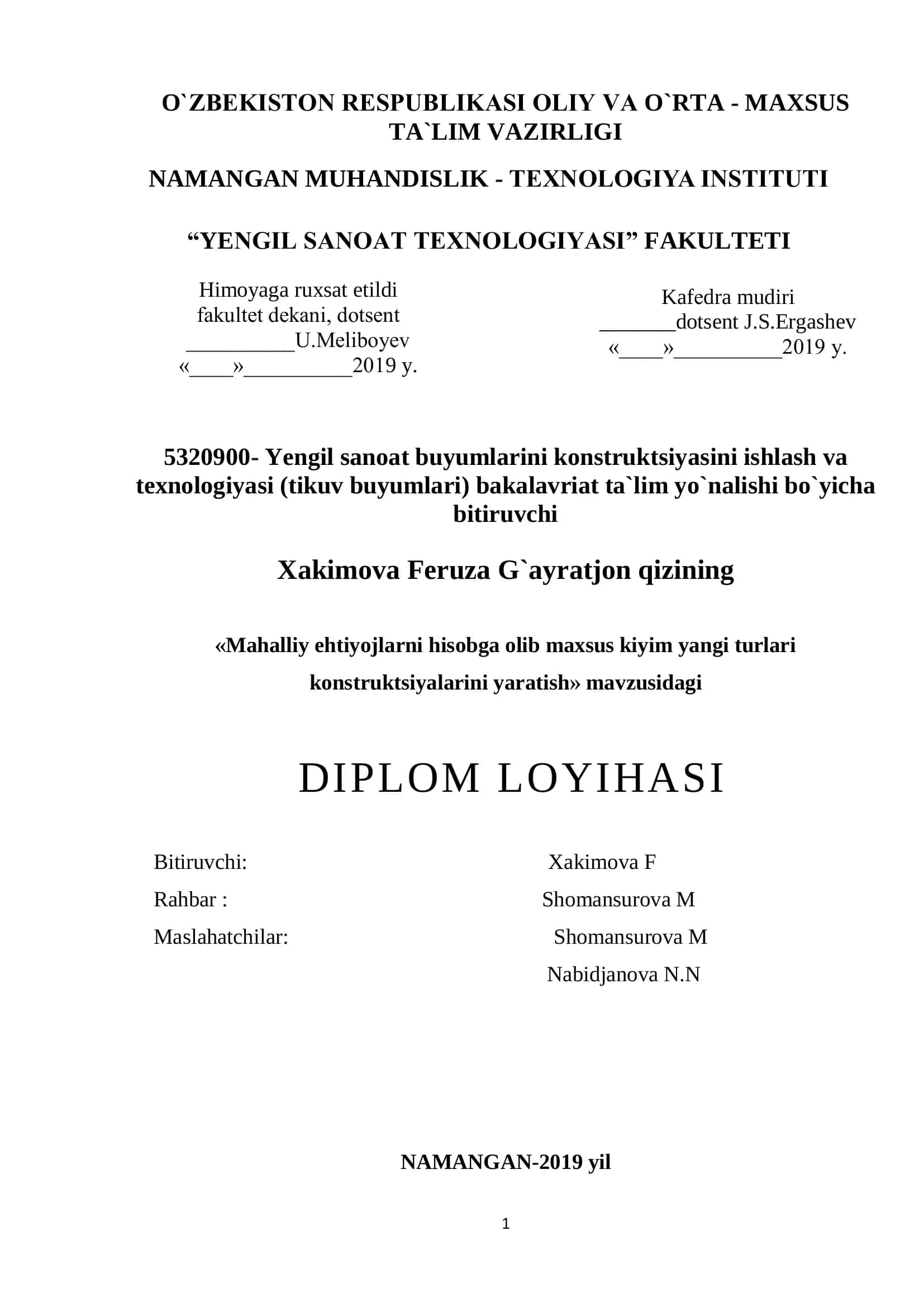 Yengil sanoat buyumlarini konstruktsiyasini ishlash va texnologiyasi (tikuv buyumlari) bakalavriat ta`lim yo`nalishi bo`yicha bitiruvchi 1