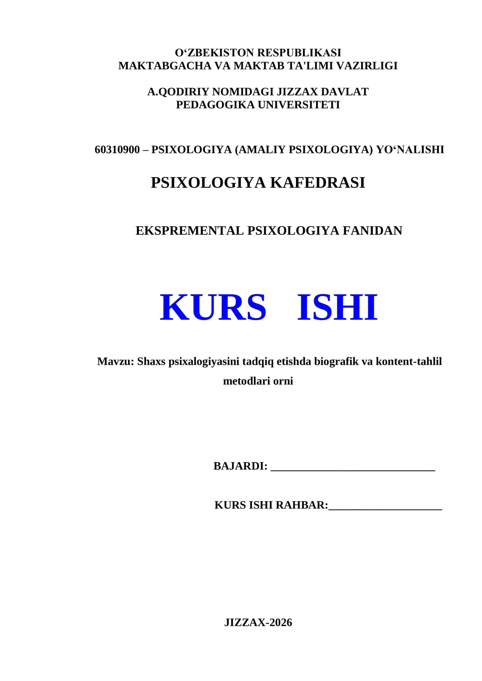 EKSPERIMENTAL PSIXOLOGIYA FANIDAN KURS ISHI 1