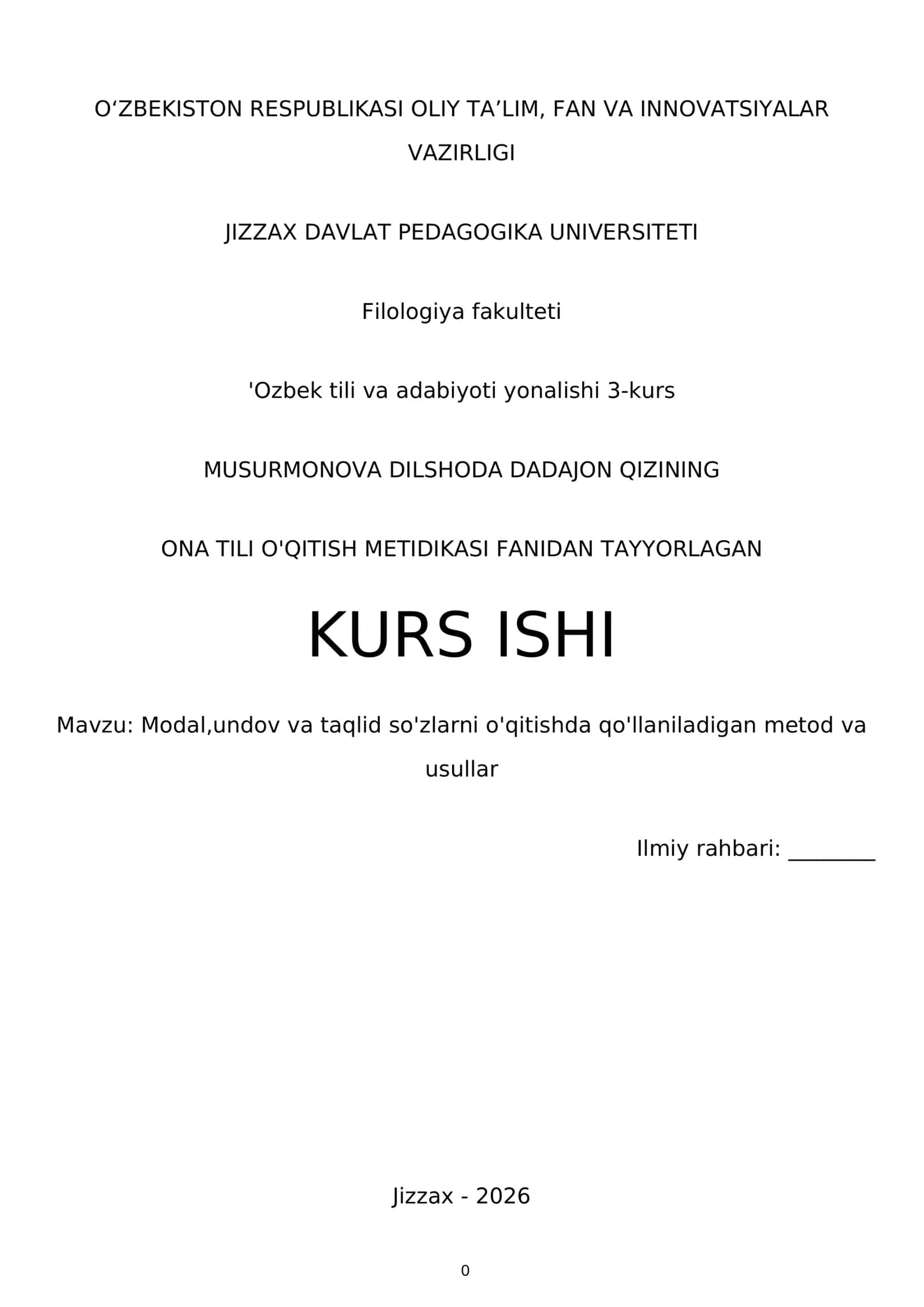 Ona Tili O'qitish Metodikasi Fanidan Tayyorlagan Kurs Ishi 1