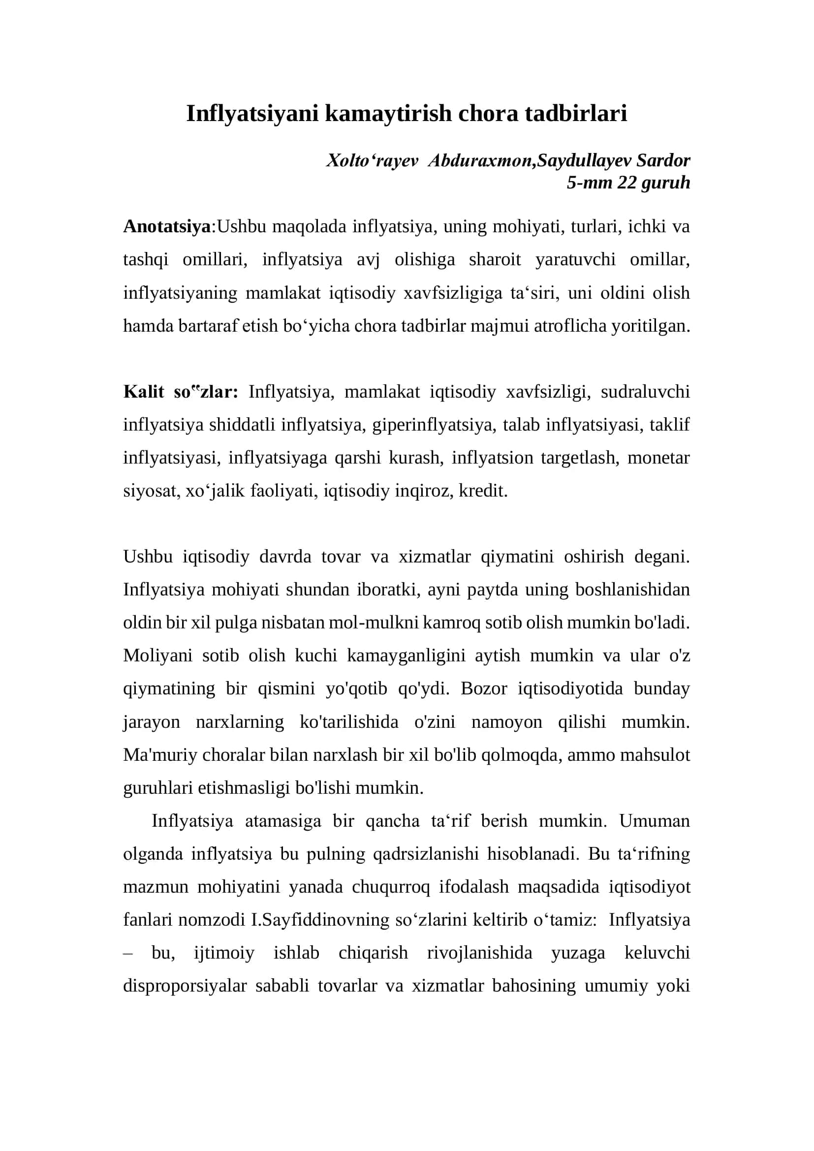 Inflyatsiyani kamaytirish chora tadbirlari 1