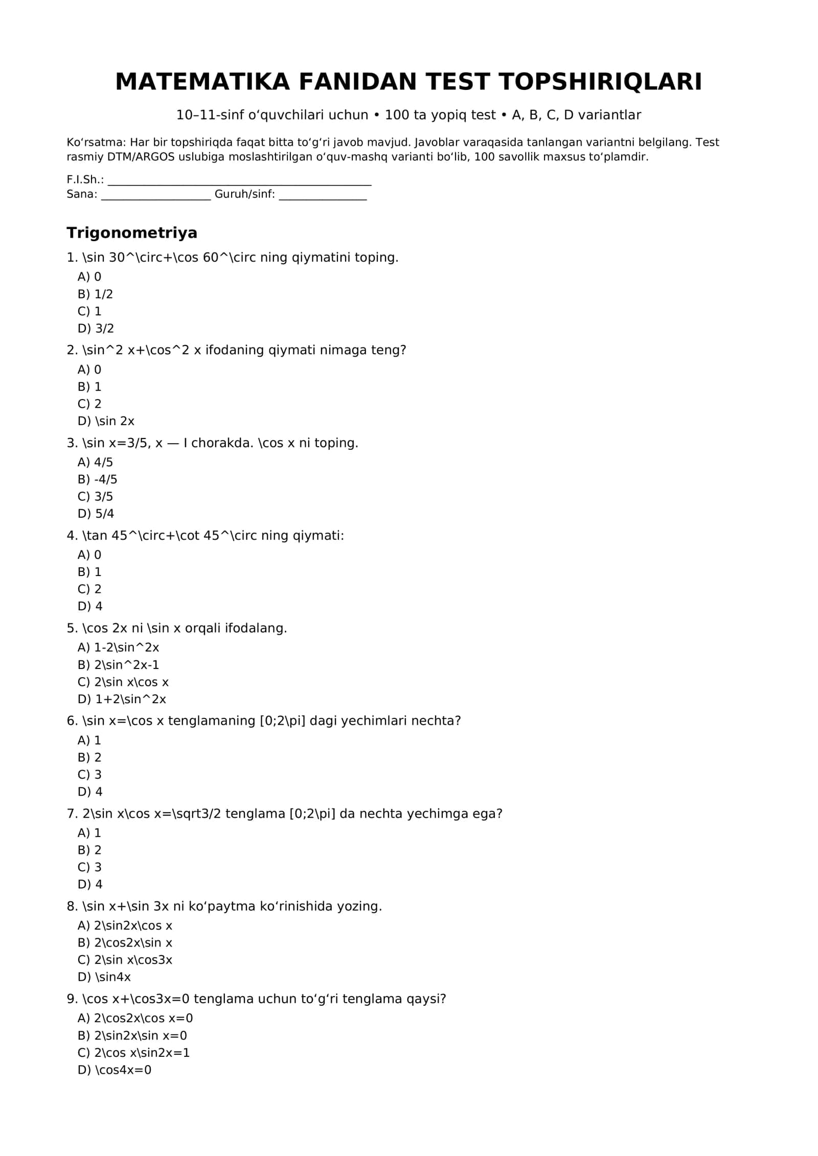 Argos matematika 10-11 sinflar uchun misol test namunalar 1