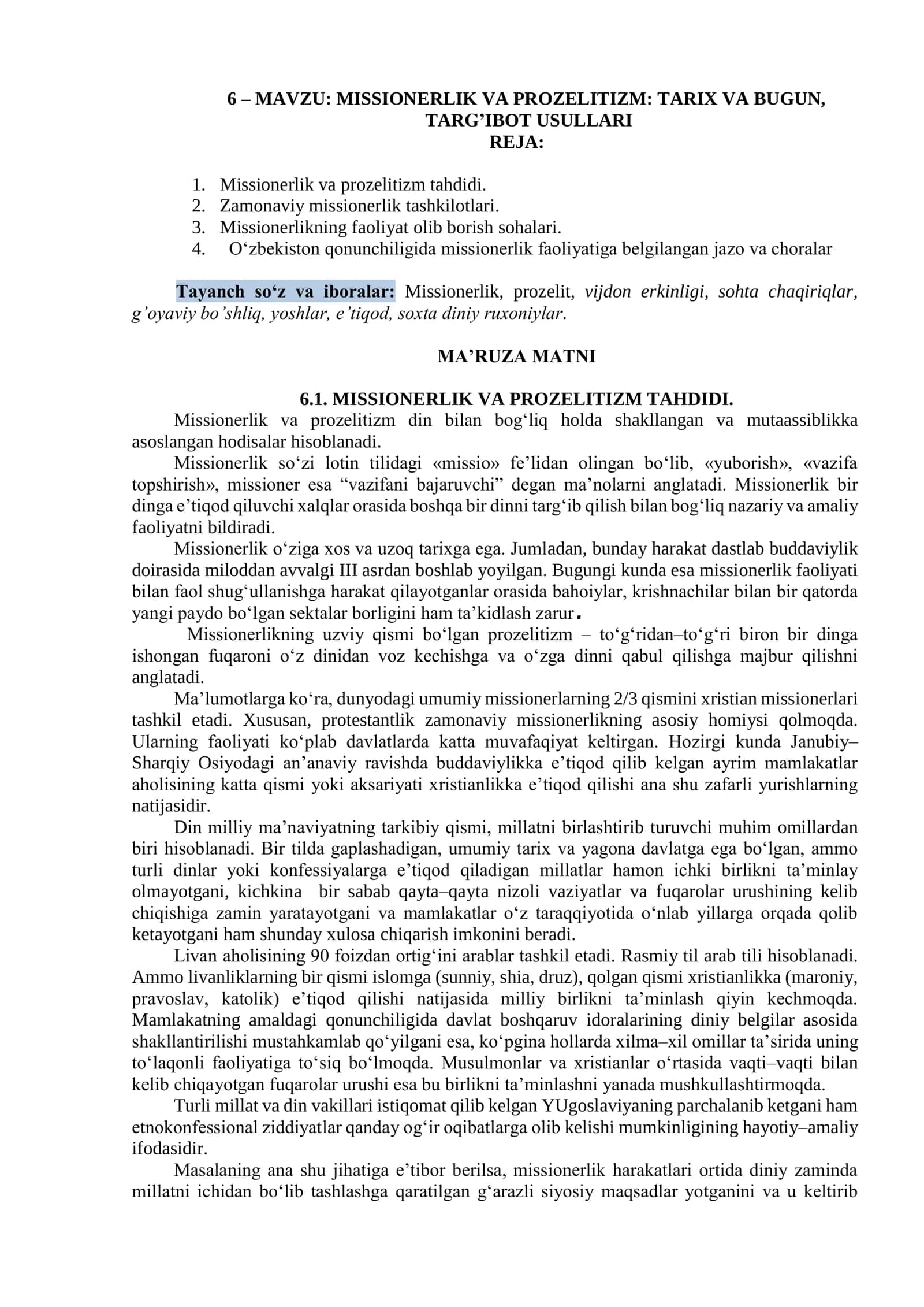 MISSIONERLIK VA PROZELITIZM: TARIX VA BUGUN 1