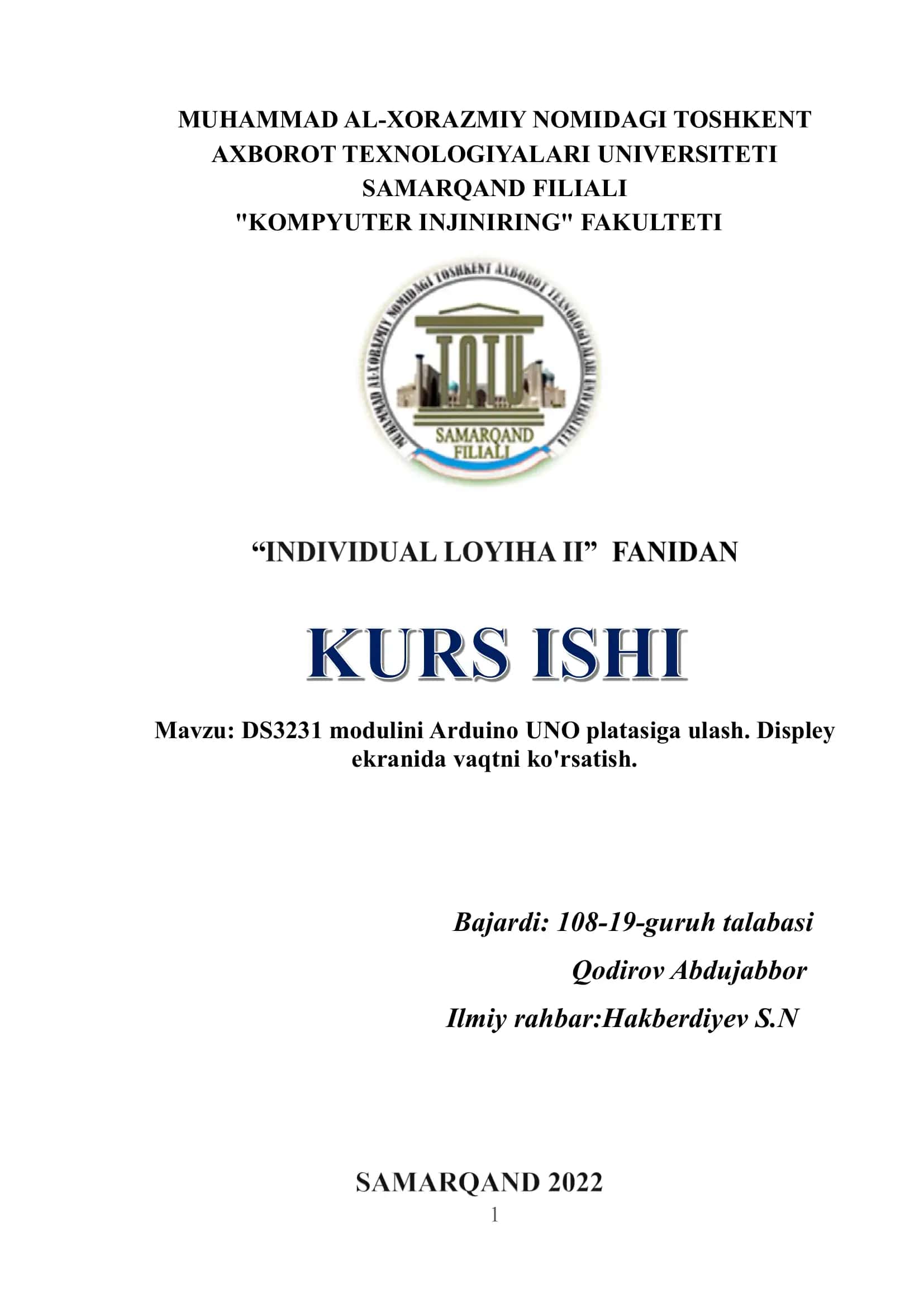 DS3231 modulini Arduino UNO platasiga ulash. Displey ekranida vaqtni ko'rsatish. 1