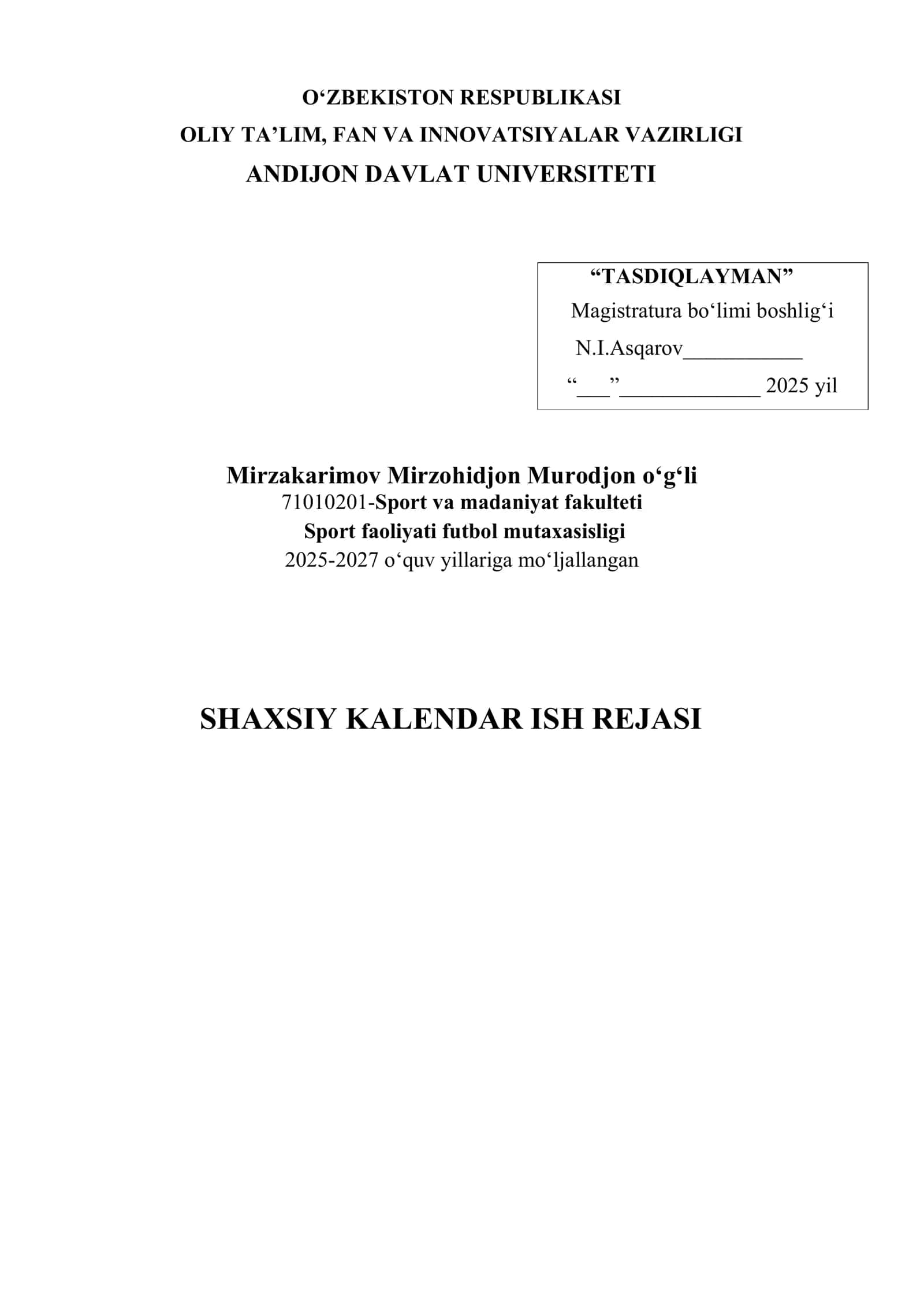 SHAXSIY KALENDAR ISH REJASI 1