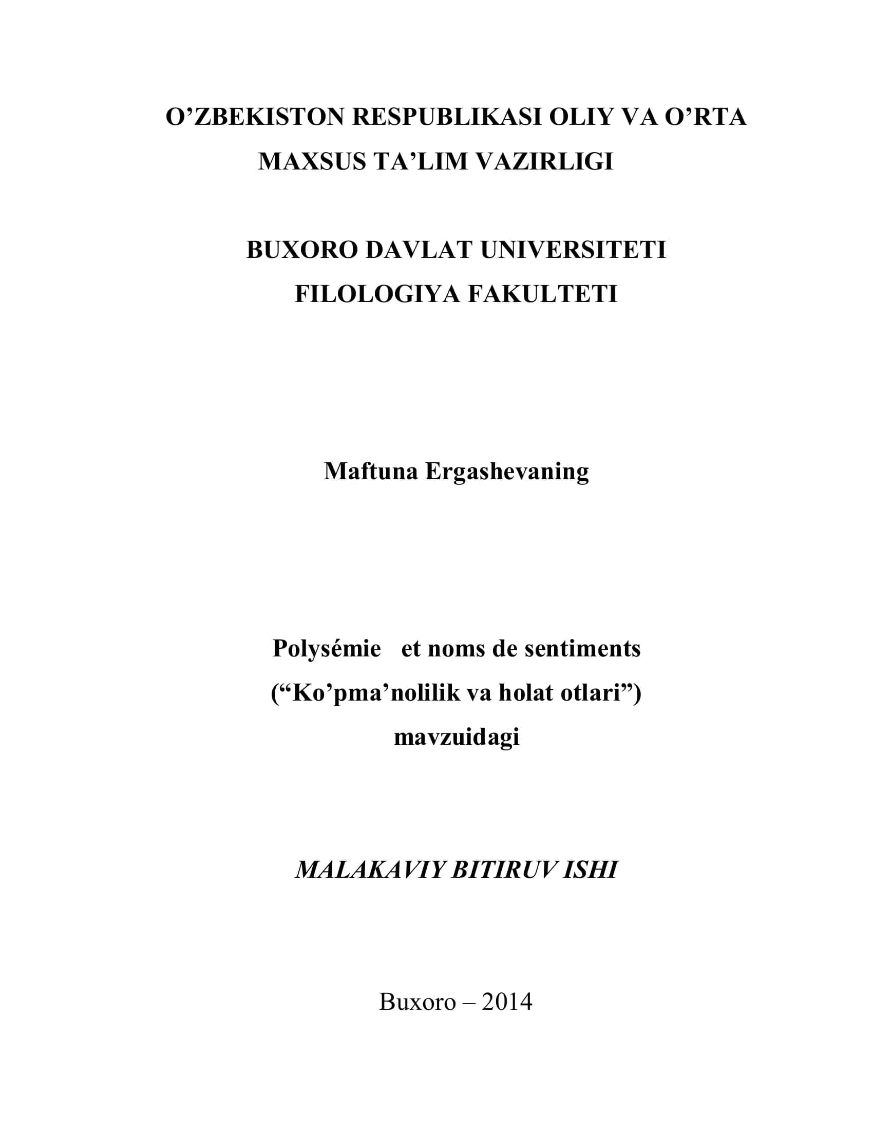 Maftuna Ergashevaning Polysémie et noms de sentiments 1