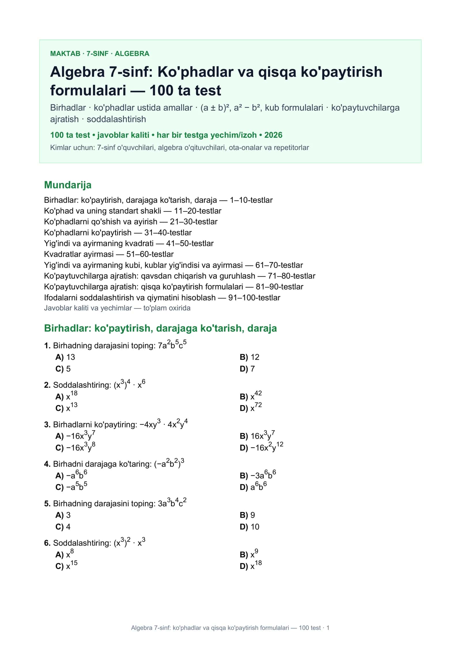 Algebra 7-sinf: ko'phadlar va qisqa ko'paytirish formulalari 1