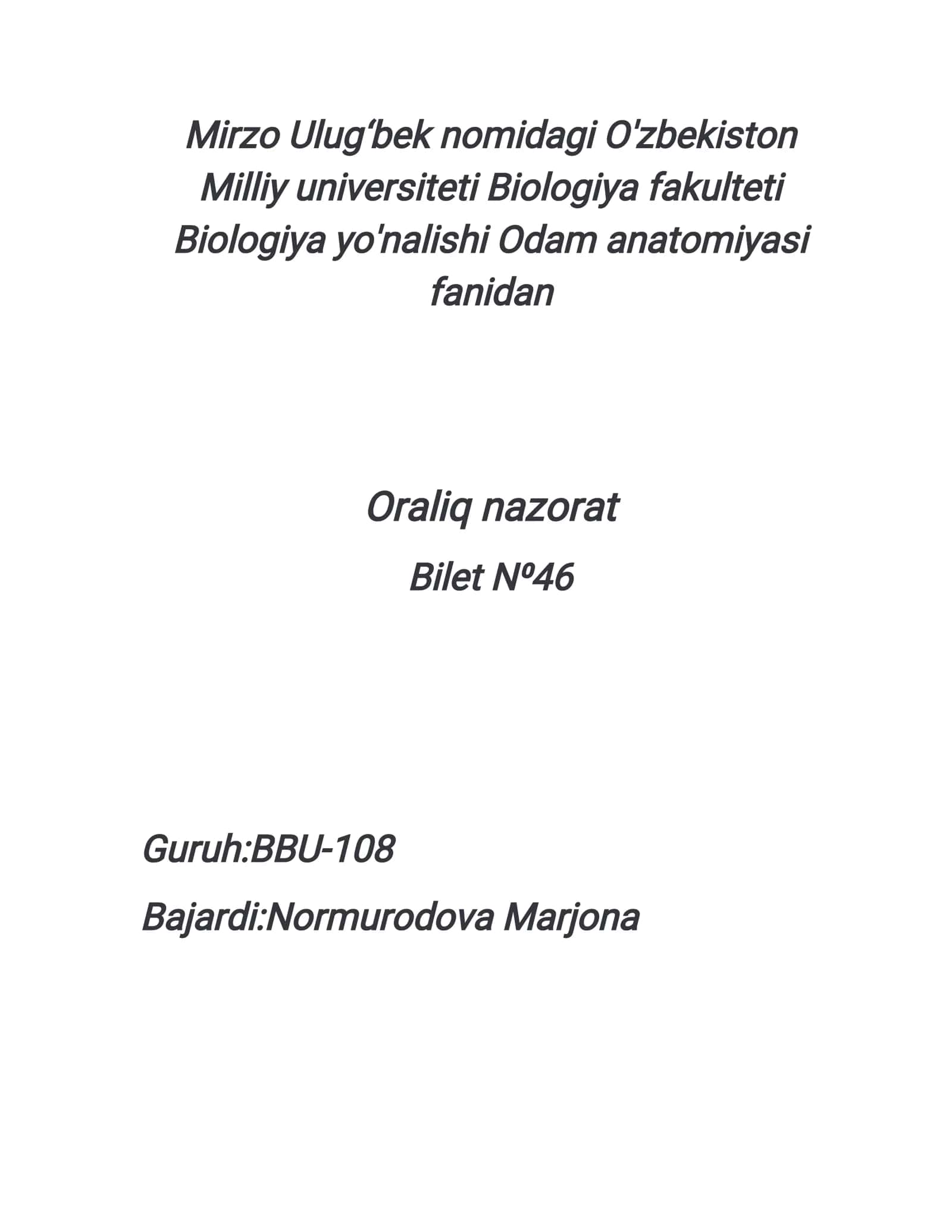 Odamanatomiyasi fanidan Oraliq nazorat 1